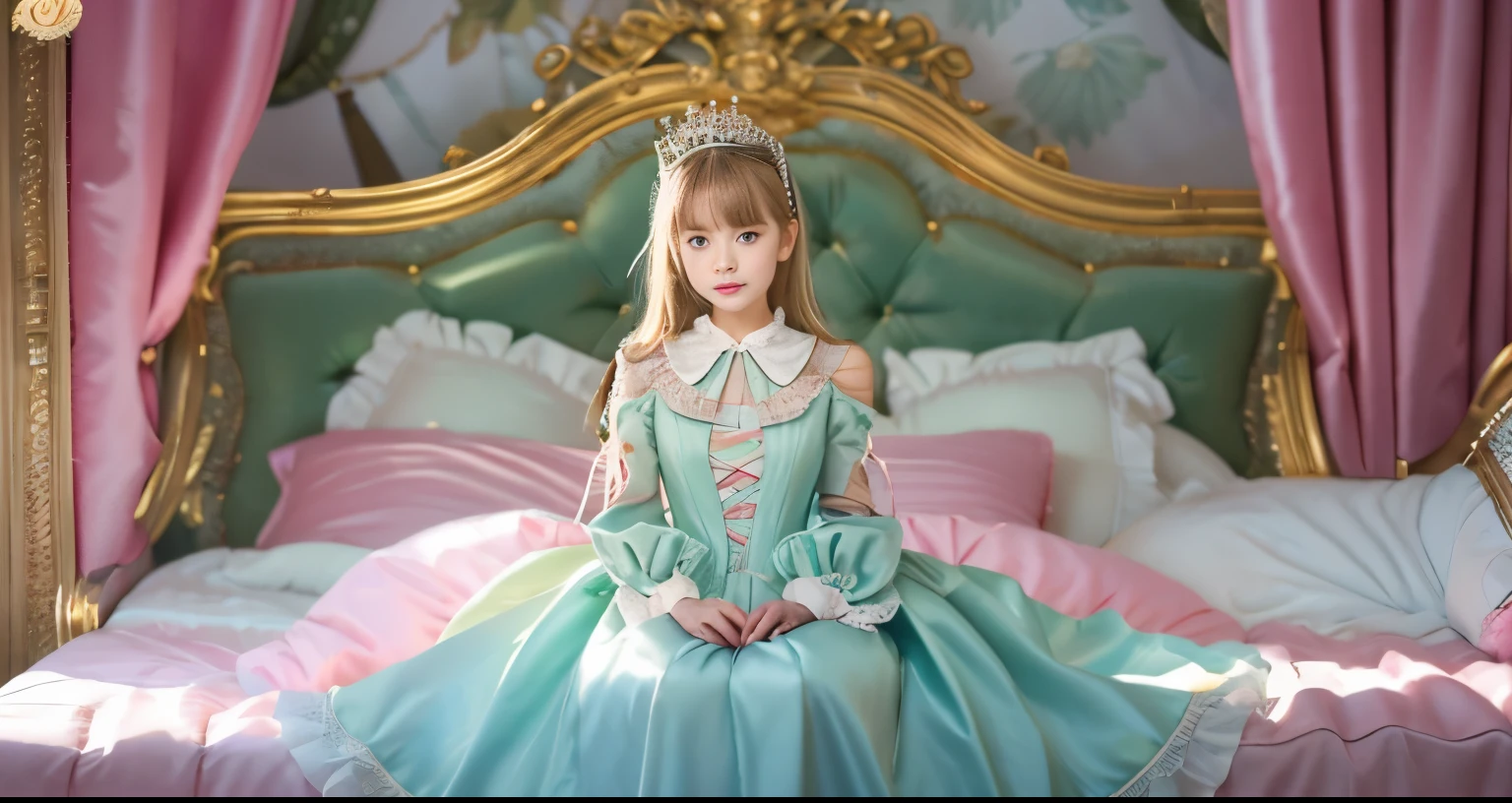 ,highest quality, masterpiece, highest resolution, artwork, super それにget used to it, many get used to it, get used to it, それにget used to it, 3K realistic photos,,(( When I )),Super detailed baby face,She isss,Full length ball gown dress with hoop skirt,ruffled yoke collar,puff sleeves,long sleeve,((Lolita style hot pink detailed princess satin dress、Comes with lots of frills and ribbons。)),colorful rococo fashion,shiny satin dress,Soft and smooth fabric,luxury,long blonde hair,blue eyes,white skin european,pajamas,((inside the palace)),,,(( When I was 10 years old)),Super ce,Full length ball gown dress witirt,long skirt,ruffled yoke collar,puff sleeves,腰まで伸びるlong blonde hair,blue eyes,white skin european,pajamas,((inside the palace bedroom)),ピンクのシルクサテンのluxuryなcanopy bedの上,canopy bed,luxurious curtains under the canopy,many frilly pillows on the bed,super detailed background,Detailed bed,romantic atmosphere,little princess is sitting on the bed,the dress is spread all over the bed,