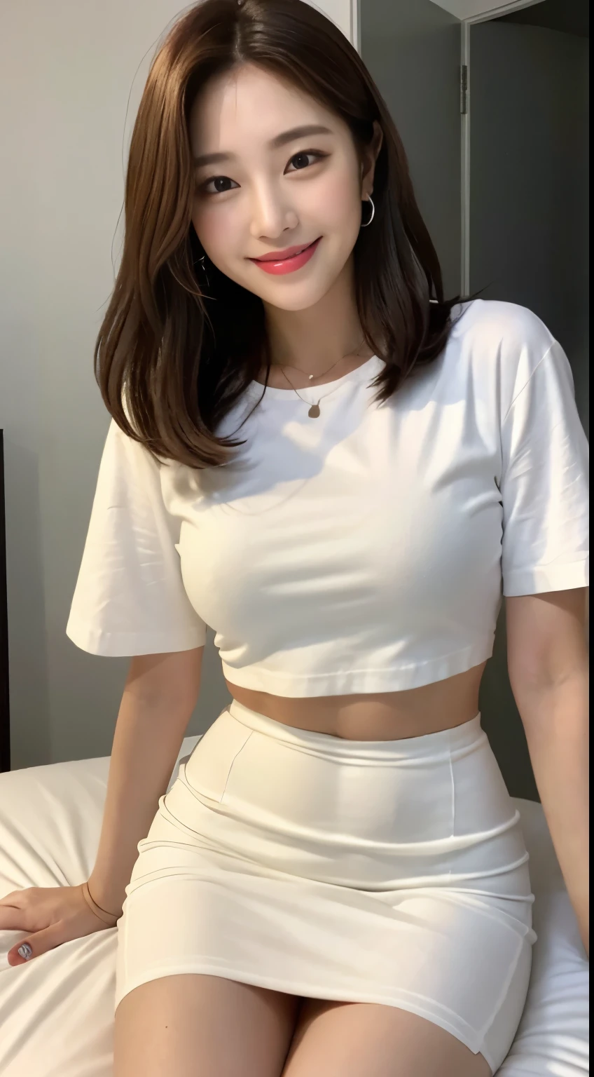 White tight shirt、White tight mini skirt、bed、smile、short sleeve、high resolution、Hallyu Idol Face