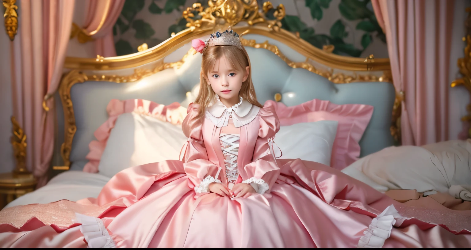 ,highest quality, masterpiece, highest resolution, artwork, super それにget used to it, many get used to it, get used to it, それにget used to it, 3K realistic photos,,(( When I was )),Super detailed baby face,She is a princess,Full length ball gown dress with hoop skirt,ruffled yoke collar,puff sleeves,long sleeve,((Lolita style pink detailed princess satin dress、Comes with lots of frills and ribbons。)),colorful rococo fashion,shiny satin dress,Soft and smooth fabric,luxury,long blonde hair,blue eyes,white skin european,pajamas,((inside the palace)),,,(( When I was 10 years old)),Sd baby face,Full length ball gown dress with hoop skirt,long skirt,ruffled yoke collar,puff sleeves,腰まで伸びるlong blonde hair,blue eyes,white skin european,pajamas,((inside the palace bedroom)),ピンクのシルクサテンのluxuryなcanopy bedの上,canopy bed,luxurious curtains under the canopy,many frilly pillows on the bed,super detailed background,Detailed bed,romantic atmosphere,little princess is sitting on the bed,the dress is spread all over the bed,
