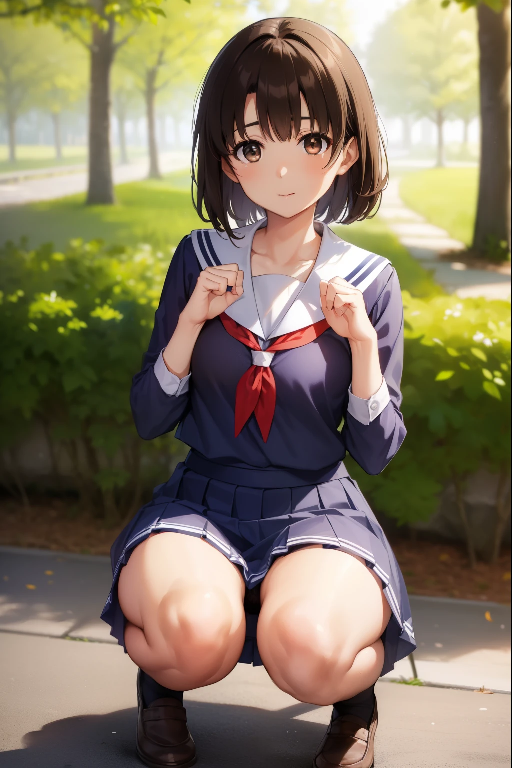 Kato Megumi, Megumi Kato, brown hair, short hair, (brown eyes:1.7), (small breasts:1.2), break miniskirt, school uniform, skirt, sailor suit, serafuku, break {{In the forest}},{{{{whole body}}}},(((genital hair))), NSFW, (((pubic hair))),（happy face）、（Toe to toe）、squat、pee,(((pubic hair))),（happy face）、{{{Toe to toe}}}、squat、pee、Take off your pants,ミニskirt、I can see the crotch, break (masterpiece:1.2), highest quality, High resolution, unity 8k wallpaper, (figure:0.8), (beautiful and fine eyes:1.6), highly detailed face, perfect lighting, Very detailed CG, (perfect hands, perfect anatomy),