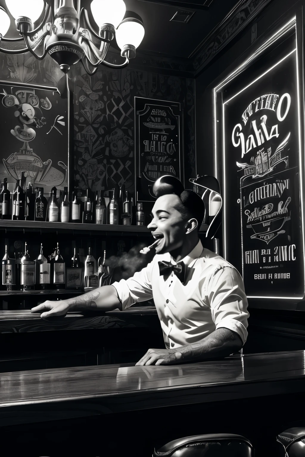 (a black and white ink style character resembling 1928 mickey mouse),(beer),(singing),(a few friends),(in a bar),(best quality,4k,ultra-detailed,realistic:1.37),(pen and ink illustration),(wooden tables and chairs),(old-fashioned bar counter),(vintage bar stools),(dimmed lights),(jazz music playing in the background),(smoke-filled room),(bartender serving drinks),(ornate wallpaper),(vivid contrast between black and white),(dynamic facial expressions),(joyful atmosphere