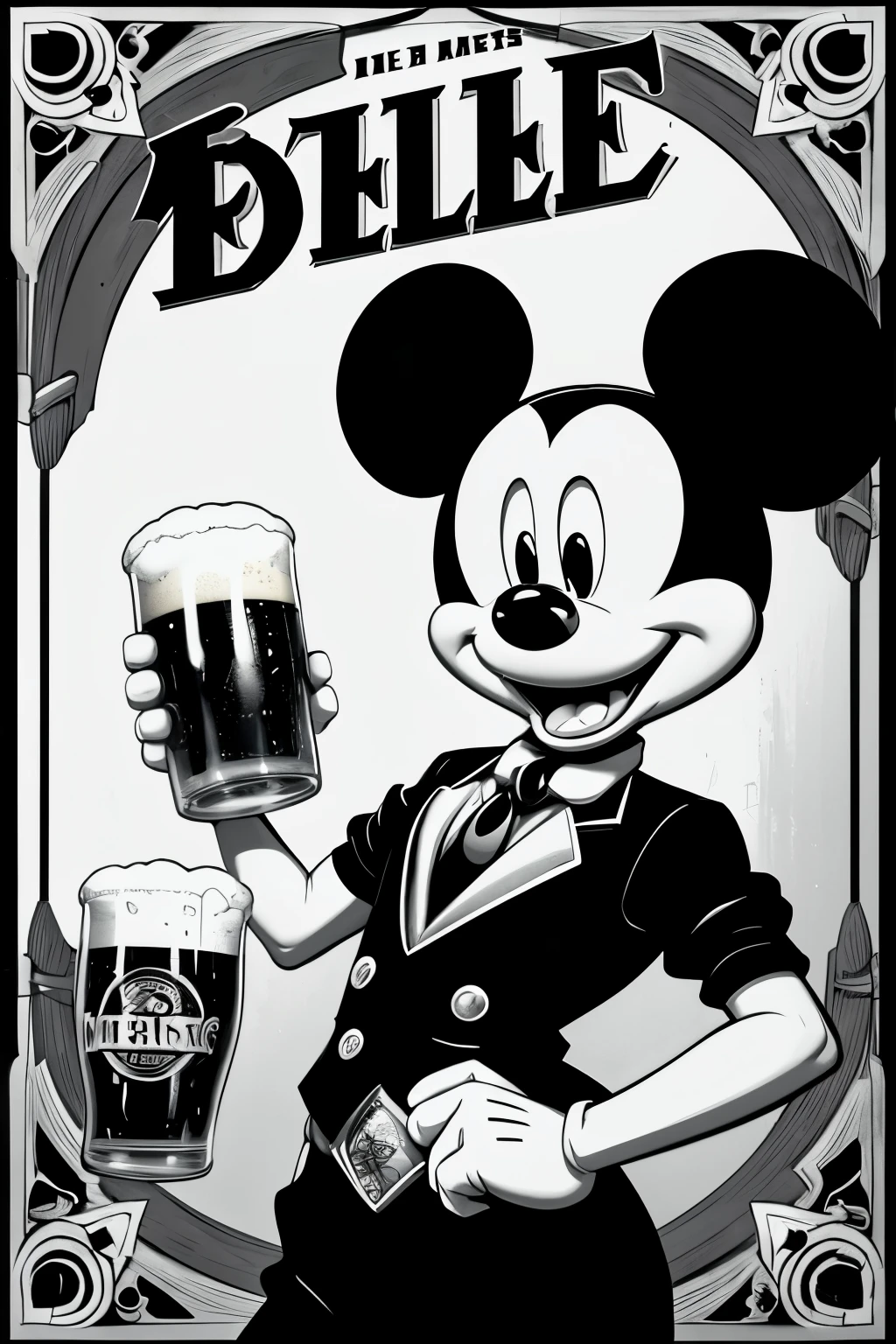 a black and white ink style character resembling 1928 mickey mouse is drinking beer and singing with a few friends in a bar