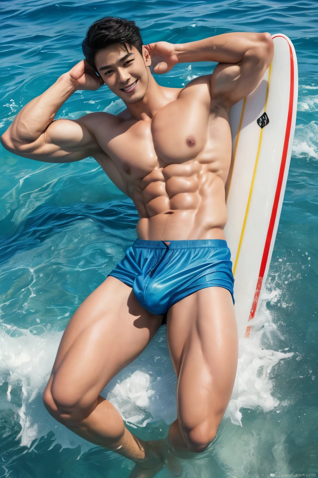 (Best quality,A high resolution,tmasterpiece:1.2),Eyes are natural and delicate,1人,Alone,White socks,asian gay men,Bulging muscles,legs long,Brave,Detail short hair,red eyes,sixpack abs,sexy for,(Best quality,A high resolution,tmasterpiece:1.2),Muscular,Brown eyes,NSFW.(best quality:1.5, hyperrealistic:1.5, photorealistic:1.4, madly detailed CG unity 8k wallpaper:1.5, masterpiece:1.3, enthusiastically detailed photo:1.2), (hyper-realistic lifelike texture:1.4), highly detailed, ((masterpiece, best quality)), ,extremely detailed 8K wallpaper, 1 corean male, (corean man with k-pop idol look), 20yo, handsome, detailed face, stubble, muscular, naked, swimsuits, surfing, photo real, surfing in the sea, voluptuous pectoral, big, defined, muscular body, sexy, smile