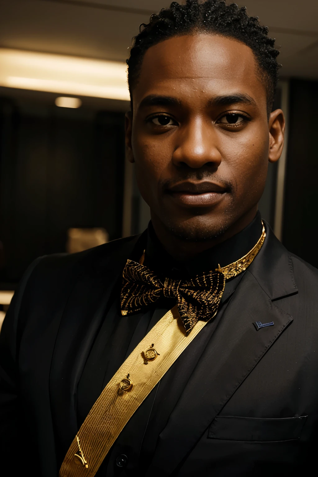 portrait shot of elegant  strong african businessman man in silk black versacci business suit with black shirt and golden bowtie vertical golden lines and a golden bowtie inside of super modern  luxury   manhattan detailed office, golden bow tie