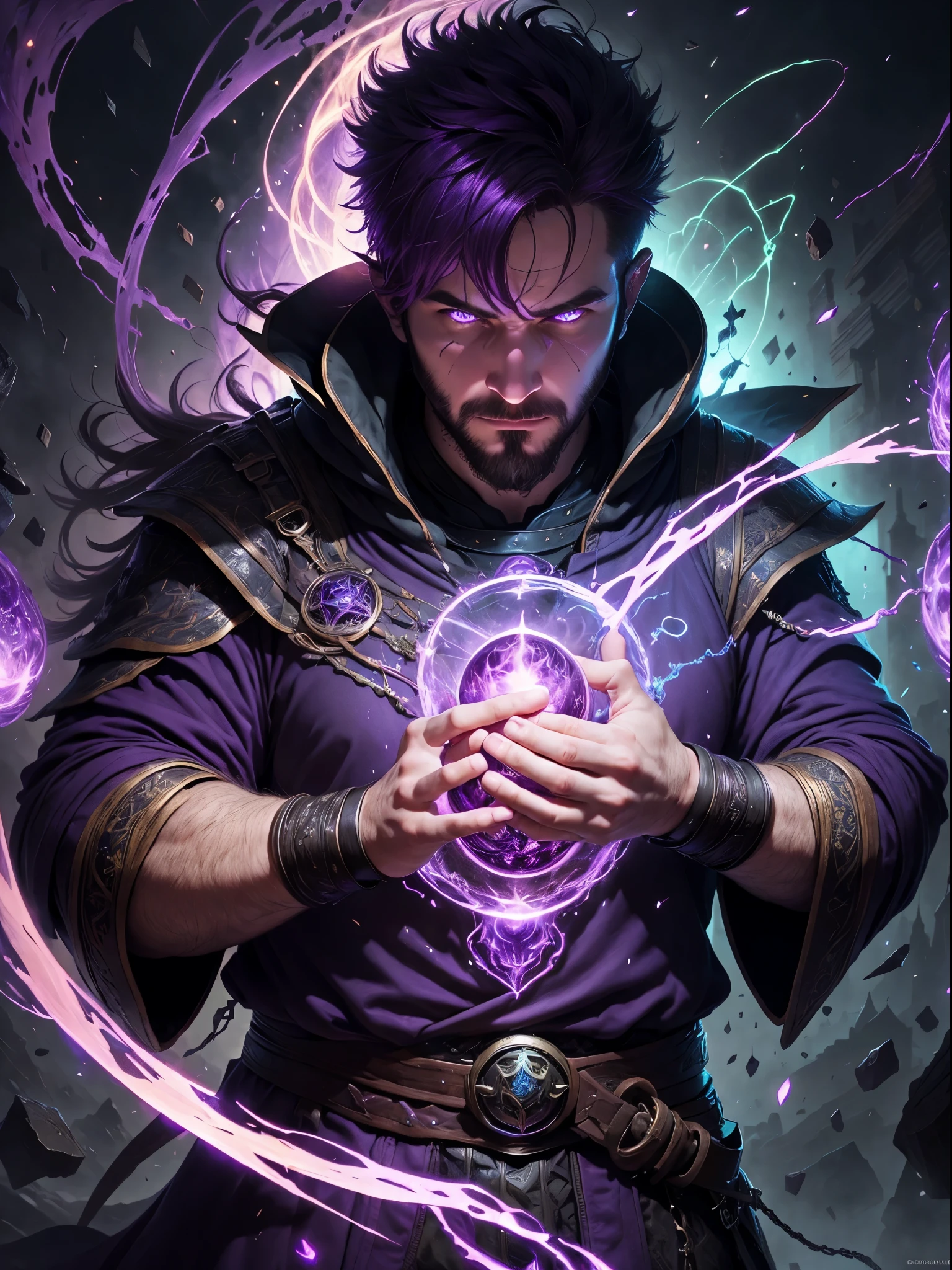 (1man, fat adult Scottish male:1.2), purple eyes, brown hair, undercut,
  looking down, solo, half shot, detailed background, detailed face, (V0id3nergy, empty theme:1.1) evil mage, black light armor robes, determined expression, green color scheme, dark green light, summoning circle, bright magic text, dark atmosphere, shadows, realistic lighting, floating particles, sparks, surrounded by purple ray casting spell, summoning, (thick molten candles:0.8),  red arcane symbols, eyes hungry for power, bloom
SCG,