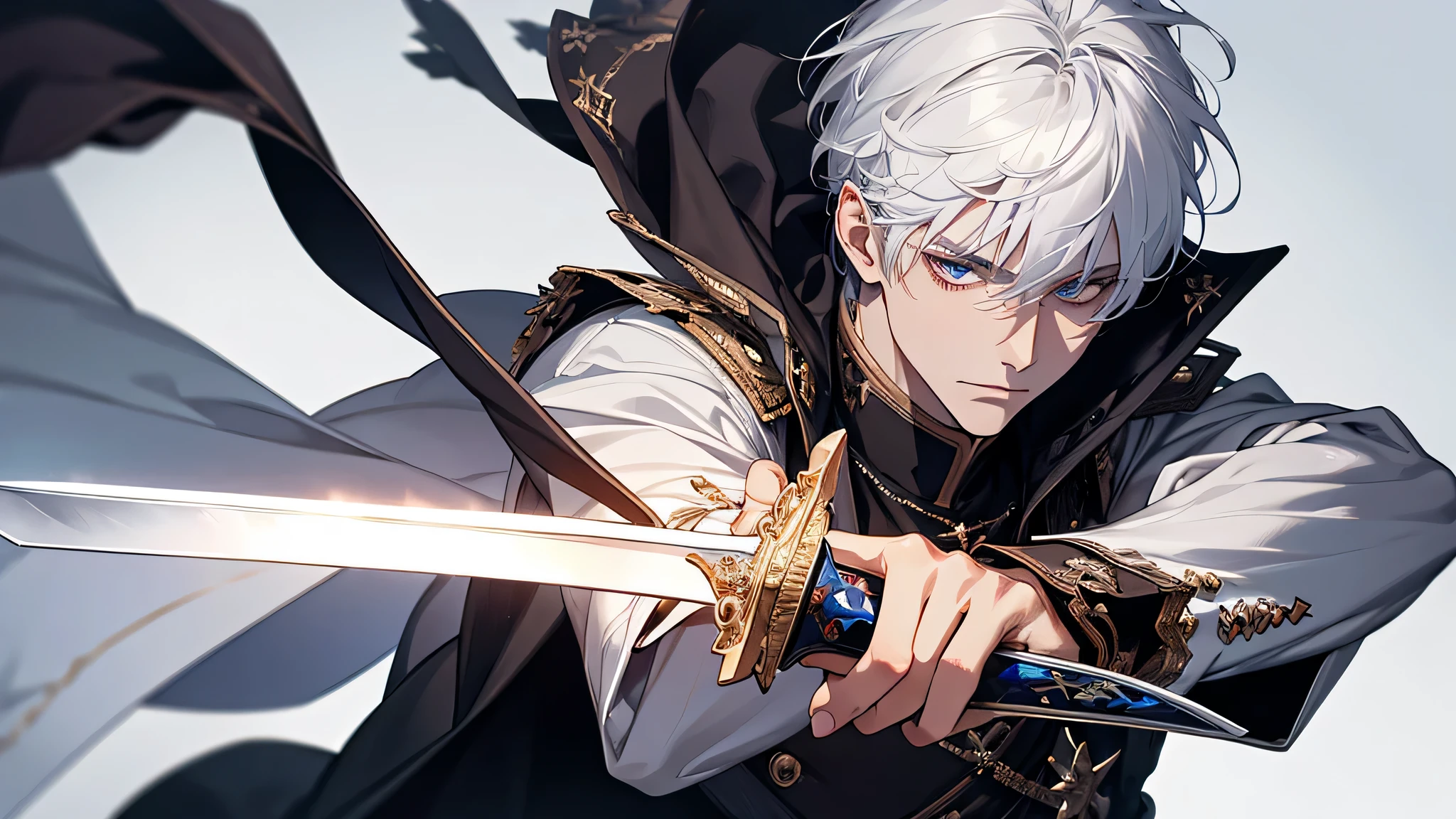 tmasterpiece,Best quality,1 man,Holding a precious sword, The background is the castle, white hair male, detailed face, handsome face, the sword is light