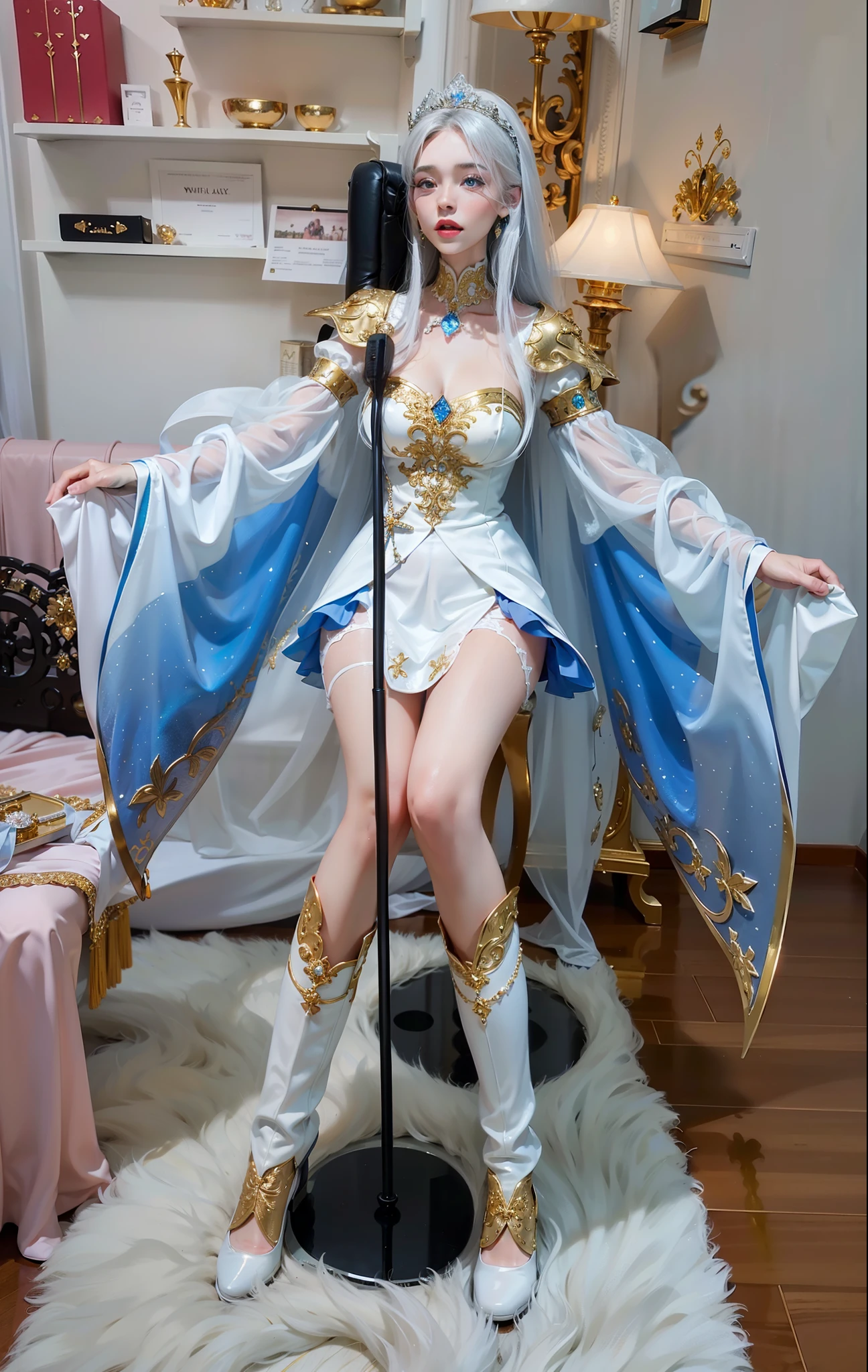 Royal sister,exquisite eyes,Detailed text,tall figure,Leg length,4K,HD,White translucent lace,Fair and plump figure,pretty face,Little cherry mouth,beautiful and delicious(3D royal sister),Gorgeous dress encrusted with gemstones crystal gold diamonds,Wear shiny reflective gelcoat,white stockings