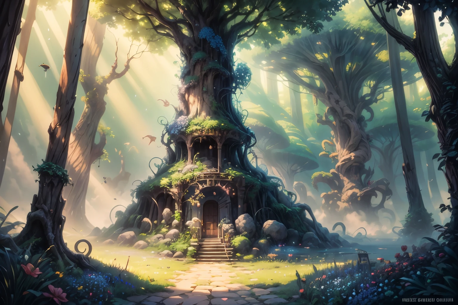 fantasy forest,illustration,lush green leaves,colorful and very large flowers,insects,waterfall,mysterious creatures,tall and majestic trees,magical atmosphere,best quality,high resolution,ultra-detailed,photorealistic,vivid colors,artistic concept,warm and vibrant color palette,soft sunlight filtering through the trees,a fantastical setting,ultra-detailed,best quality,a masterpiece