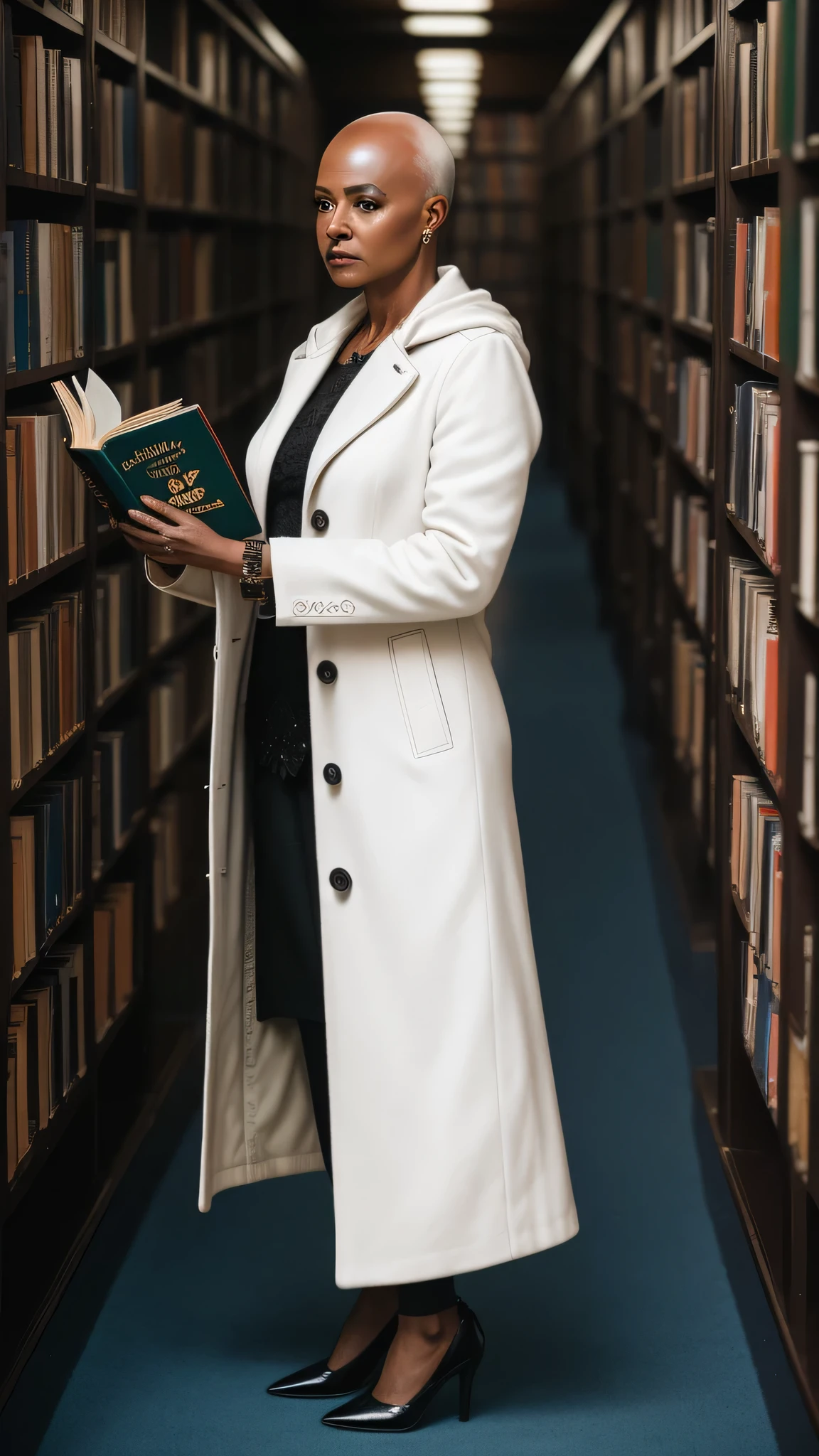 masterpiece, highest quality, RAW, analog style, a stunning photo of a (older woman:1.2), (African dark skin, very deep ebony skin:1.4), (bald head:1.2), (make-up), (white long coat:1.2), heels, (reading book), (in the library), (highly detailed skin, skin details), (highly detailed face), full body view, sharp focus, 8k UHD, DSLR, high quality, film grain, Fujifilm XT3, frowning, intricately detailed, highly detailed, cluttered and detailed background