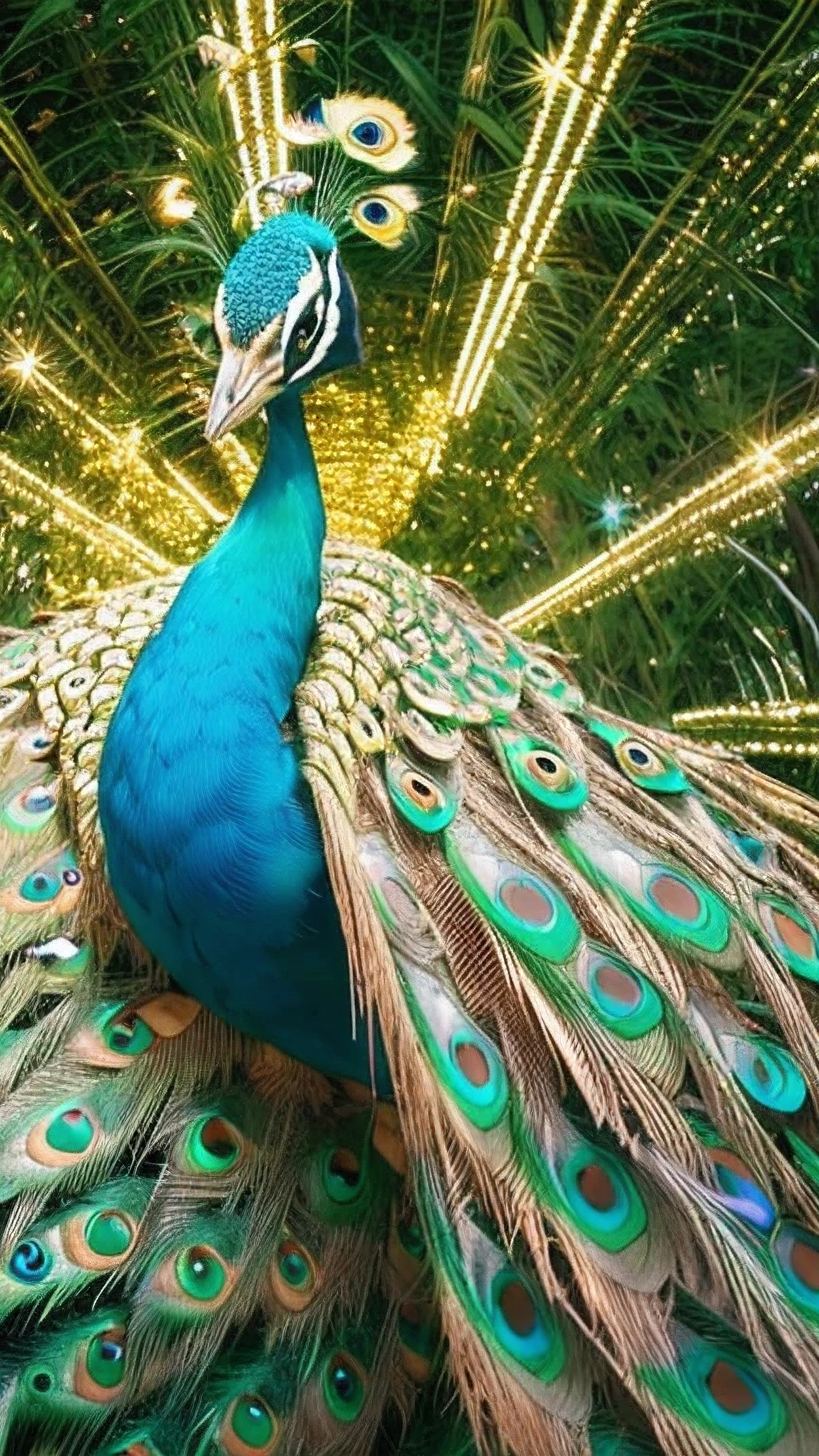 masterpiece, highest quality, 8K, 4K, golden peacock, a peacock, ((golden peacock)), shining background, spread your wings, center of photo, front, bright background, See here, blue sky, 森の中のbright background, frontal face, middle of photo