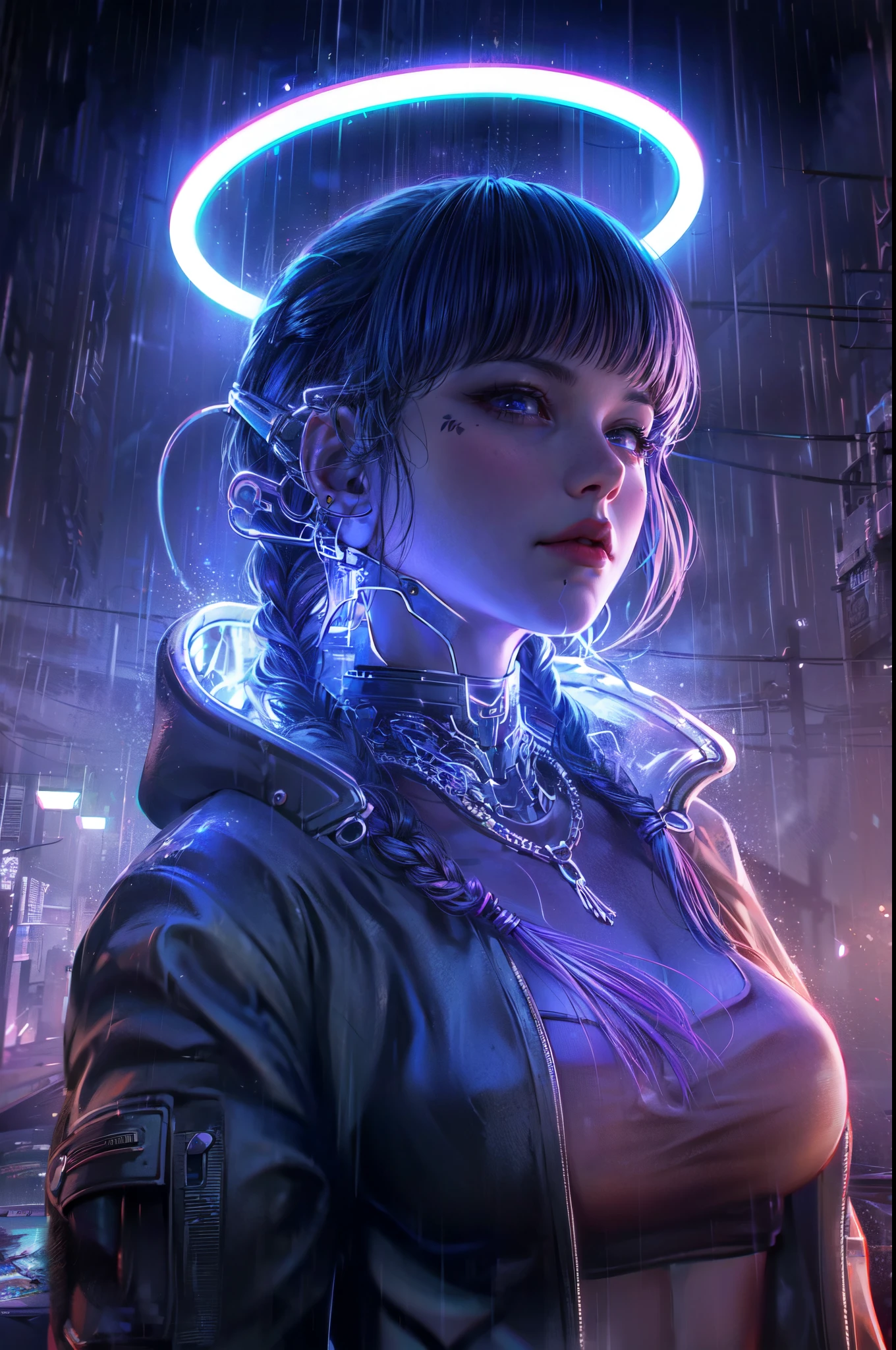 art of the cyber girl using blue neon, in the style of highly detailed illustrations, dark magenta and dark beige, nikita veprikov, nightcore, appropriation artist, cybersteampunk, serene faces