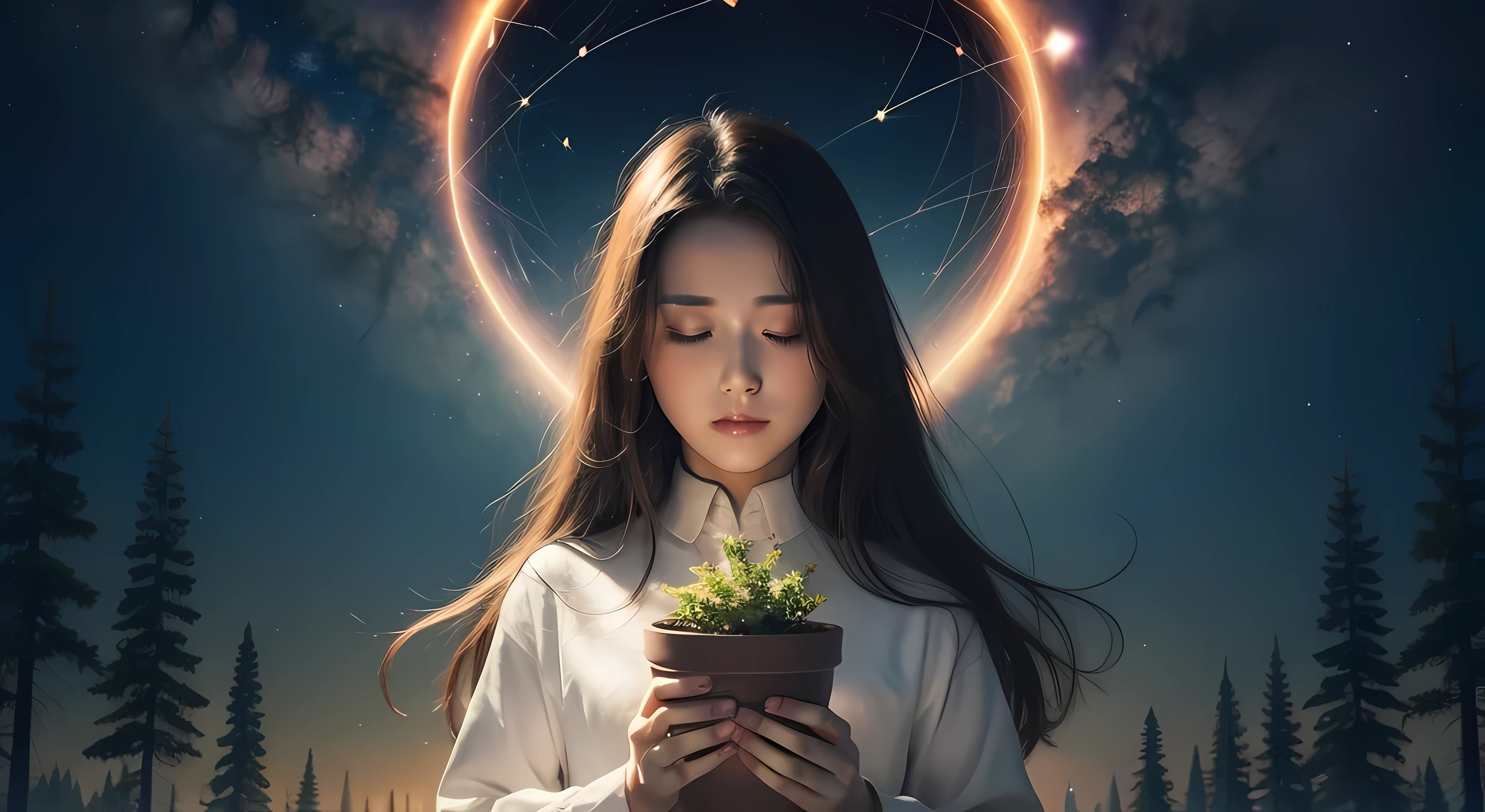 bright and shining heart, full of stars and constellations, It represents the vastness of possibilities the mind can reach.... approximately, How trees and plants grow, It symbolizes the power to develop positive thoughts to achieve the desired goal..., Close your eyes and get lost in your thoughts
