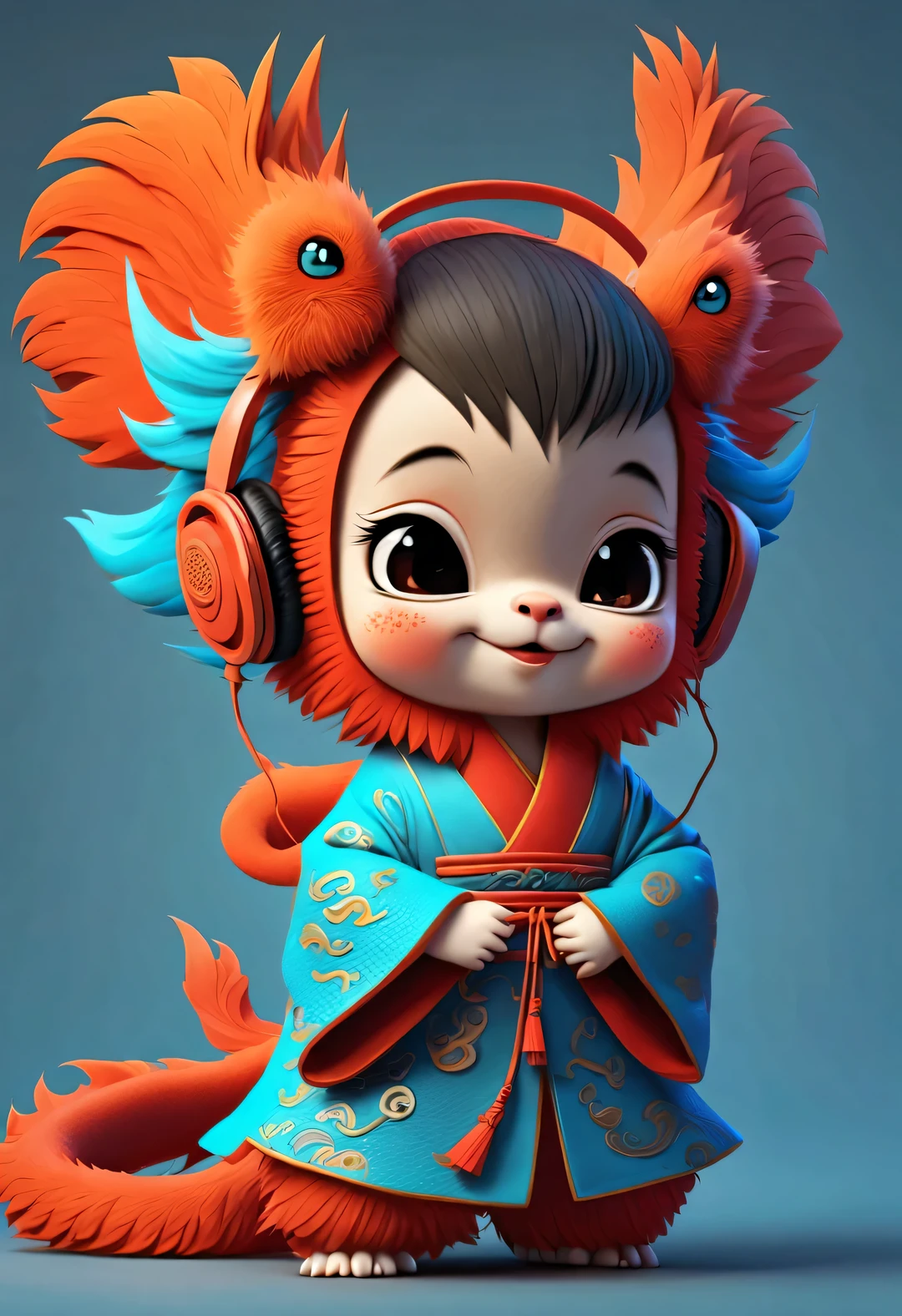 3d rendering, realistic fur, red wallpaper, Simple modern style, beautiful wallpaper, portrait, (可爱的拟人化十二生肖龙宝宝wearing headphones调皮地笑), orange fur, big blue eyes, Squint your eyes and smile mischievously, (Wearing vermilion Hanfu), (wearing headphones), front portrait, (looking at camera), Combine traditional clothing with modern equipment, （Background filled with colorful dance music symbols,）
magazine design style,