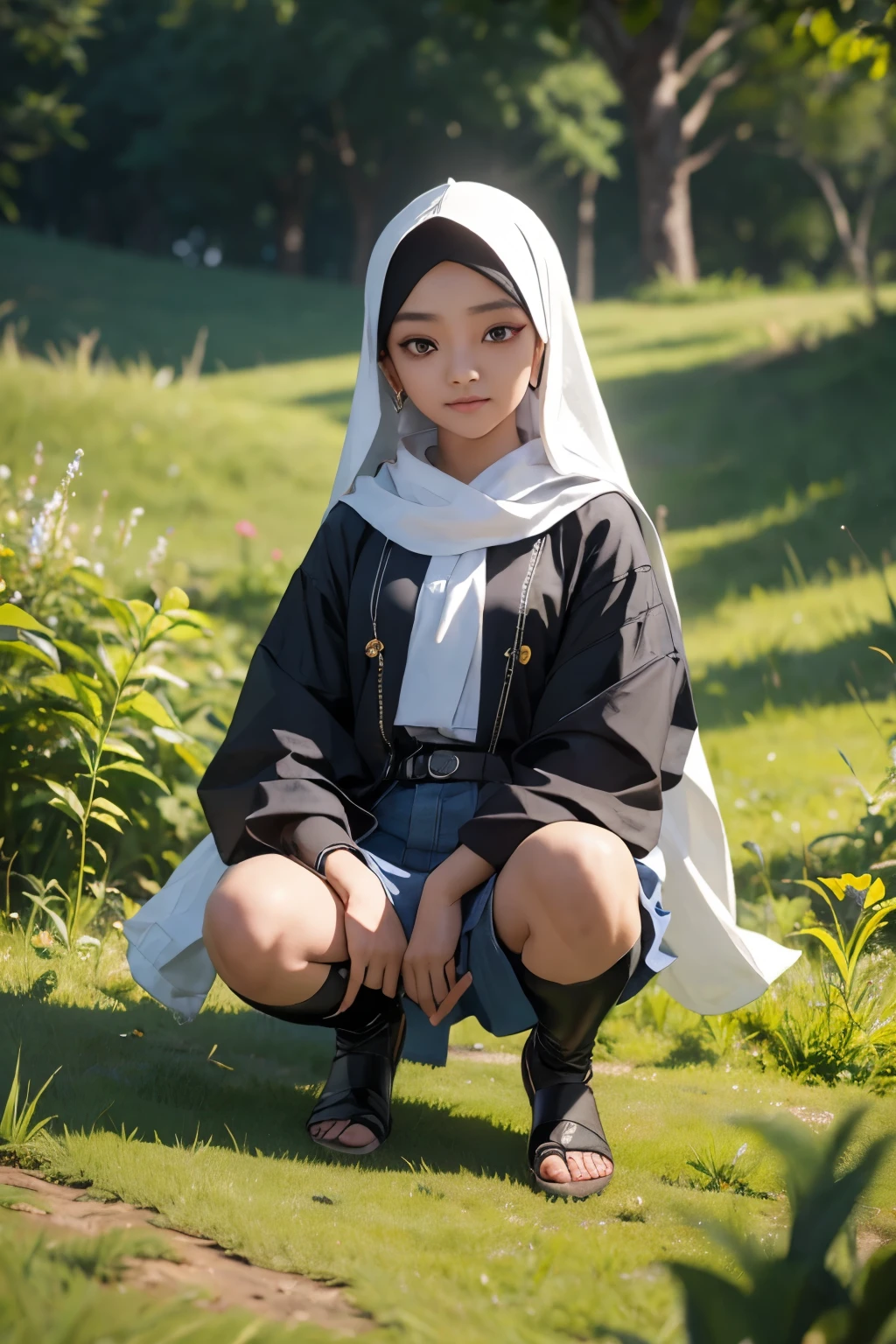 Seorang anak kecil perempuan berhijab menaiki kuda hitam di padang rumput, F1/8, t1/10,detail rumit dan tajam,hyperdetailed, render oktan, hdr, 16k,3D.