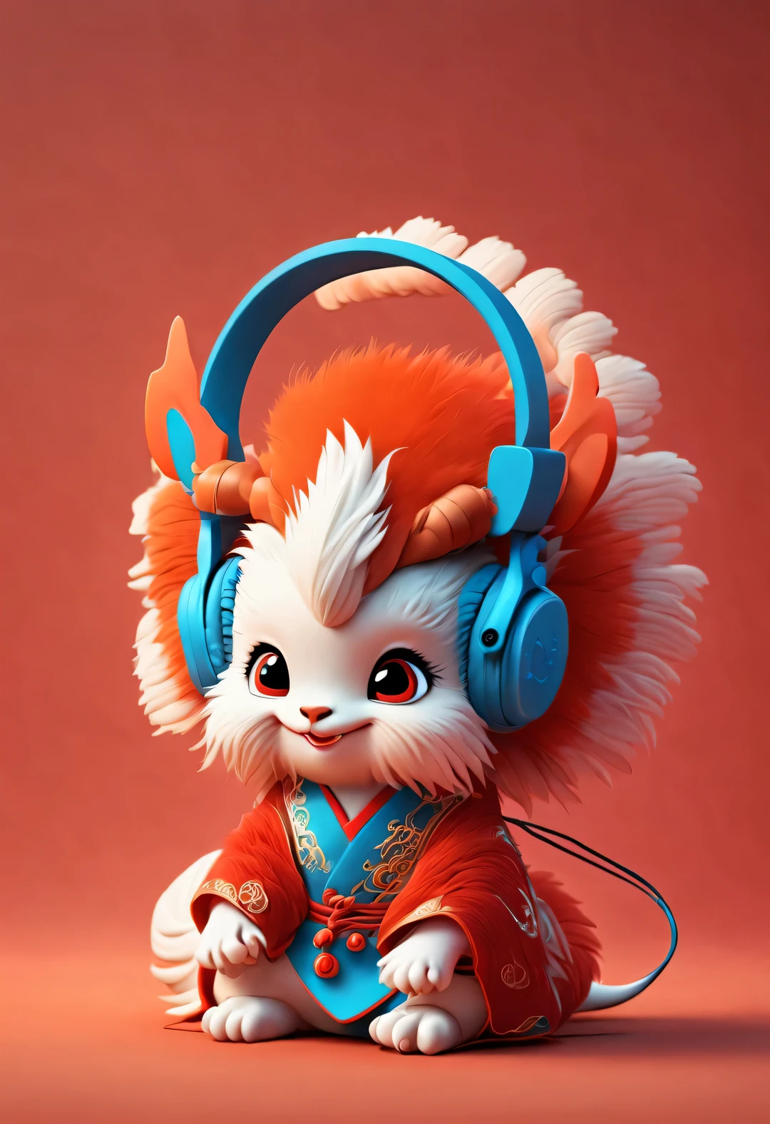 3d rendering, realistic fur, red wallpaper, Simple modern style, beautiful wallpaper, portrait, (可爱的拟人化十二生肖龙宝宝wearing headphones调皮地笑), orange fur, big blue eyes, Squint your eyes and smile mischievously, (Wearing vermilion Hanfu), (wearing headphones), front portrait, (looking at camera), Combine traditional clothing with modern equipment, （Background filled with colorful dance music symbols,）
magazine design style,