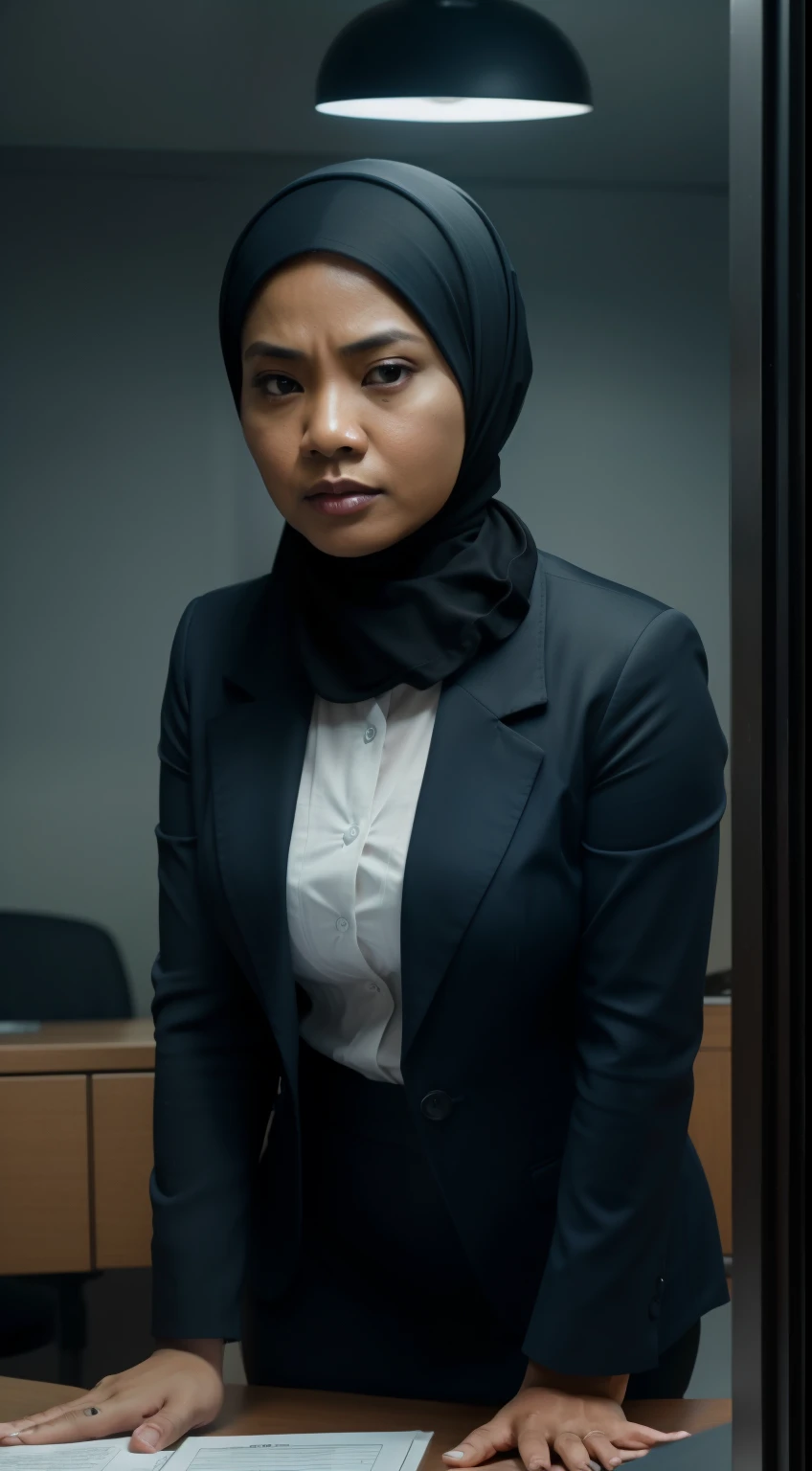 malay women 40 years old standing angrily  in meeting room angry, both hand on desk, angry pose, angry face, meeting room, morning, wearing hijab, dark blue office outfit, dark blue suits, small breast, flat chest, wide waist, thick thighs, bright lighting, white lighting, 8mm lens, Extreme close-up, pastel color grading, depth of field cinematography effect, film noir genre, 8k resolution, high quality, ultra detail,