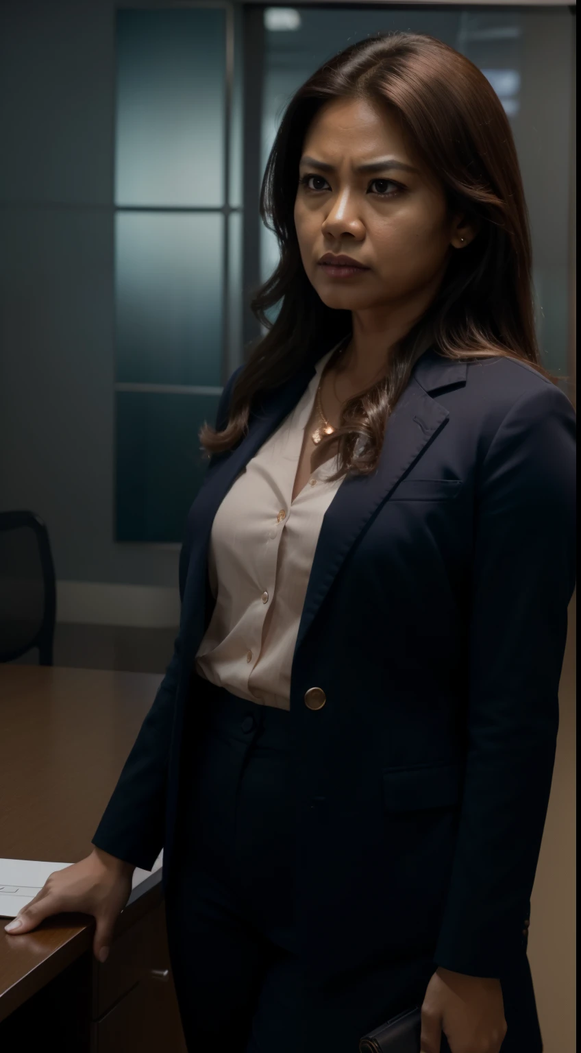 malay women 40 years old standing angrily  in meeting room angry, both hand on desk, angry pose, angry face, long golden brown shaggy hair, meeting room, morning, dark blue office outfit, dark blue suits, small breast, flat chest, wide waist, thick thighs, bright lighting, white lighting, 8mm lens, close-up, pastel color grading, depth of field cinematography effect, film noir genre, 8k resolution, high quality, ultra detail,