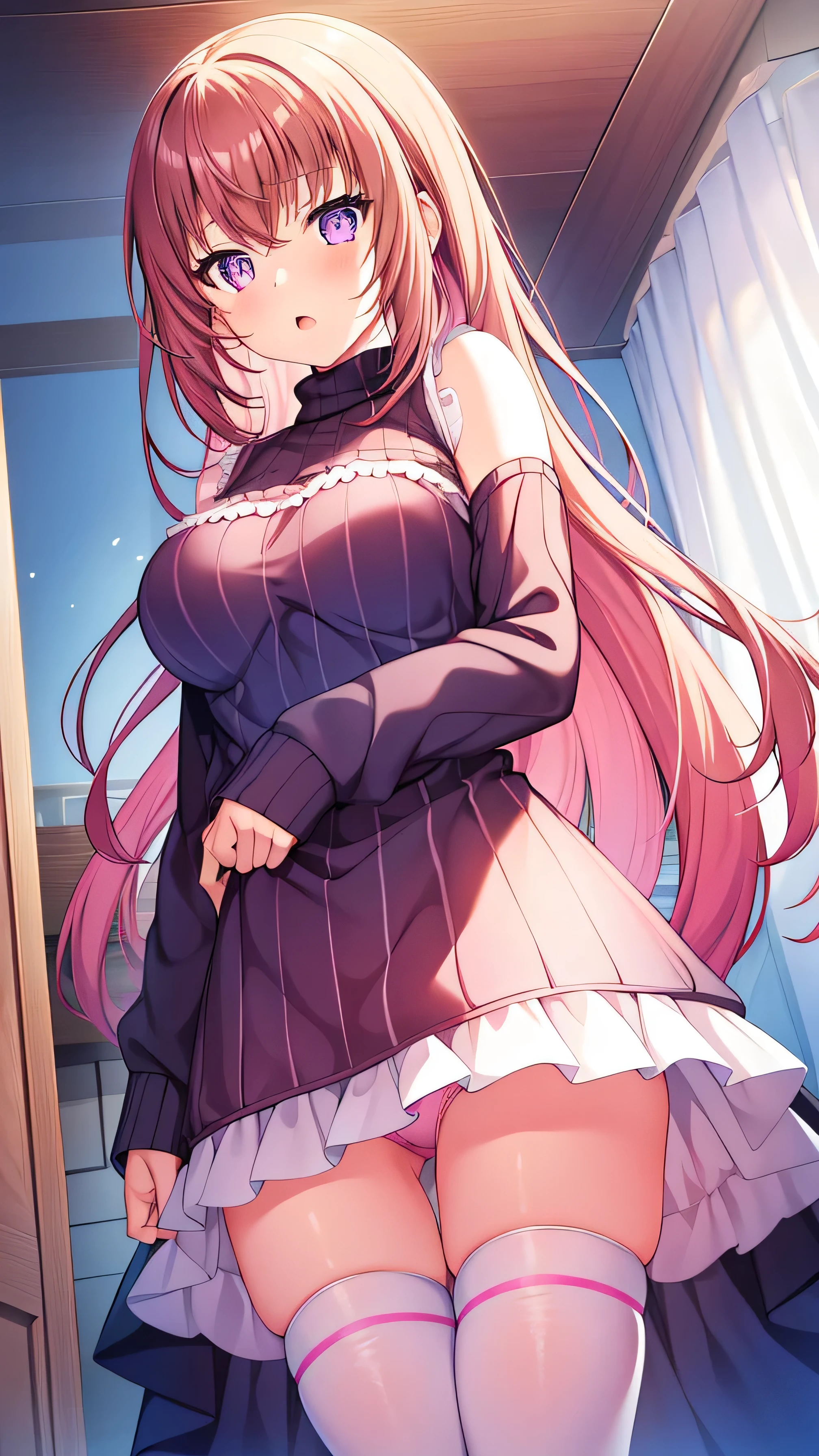 1 girl, breast, long_hair, underwear, OK, yes, underwear, purple_Eye, Raise your legs high, watching_exist_audience, sweexister, blush, Open_Mouth, orange_hair, Bangs, Very_long_hair, many kinds of_Opinion, Undress, curtain, decorate, big deal_breast, pink_OK, long_sleeve, Virtual_Youtuber, sweexister_lift, Moderate_breast, frilly_OK, permanent, frilly_underwear, pink_underwear, perspective, thong, alone, shining, ribbed_sweexister, white_Raise your legs high, white_OK, 