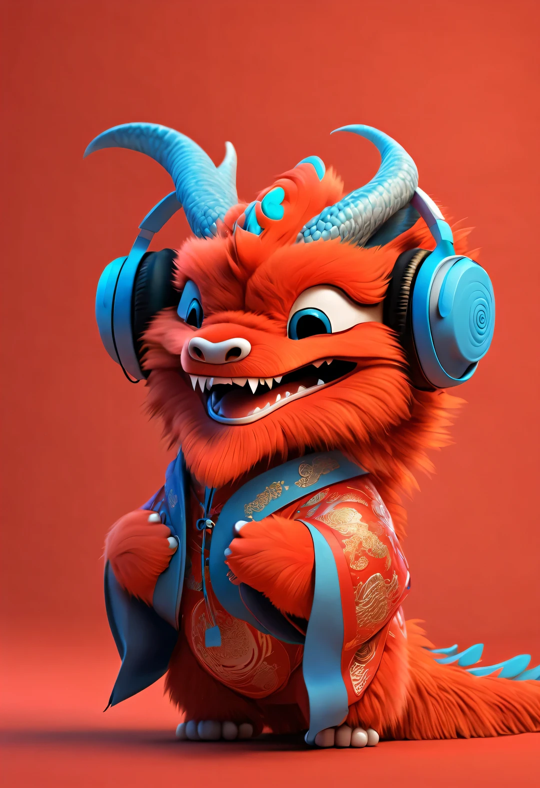 3d rendering, realistic fur, red wallpaper, Simple modern style, beautiful wallpaper, portrait,
(A cute anthropomorphic Chinese zodiac dragon wearing headphones laughing mischievously), orange fur, big blue eyes, Squint your eyes and smile mischievously, (Wearing vermilion Hanfu), (wearing headphones), front portrait, (looking at camera), Traditional clothing combined with modern equipment, Beijing, 🦑  design, 杂志design风格,