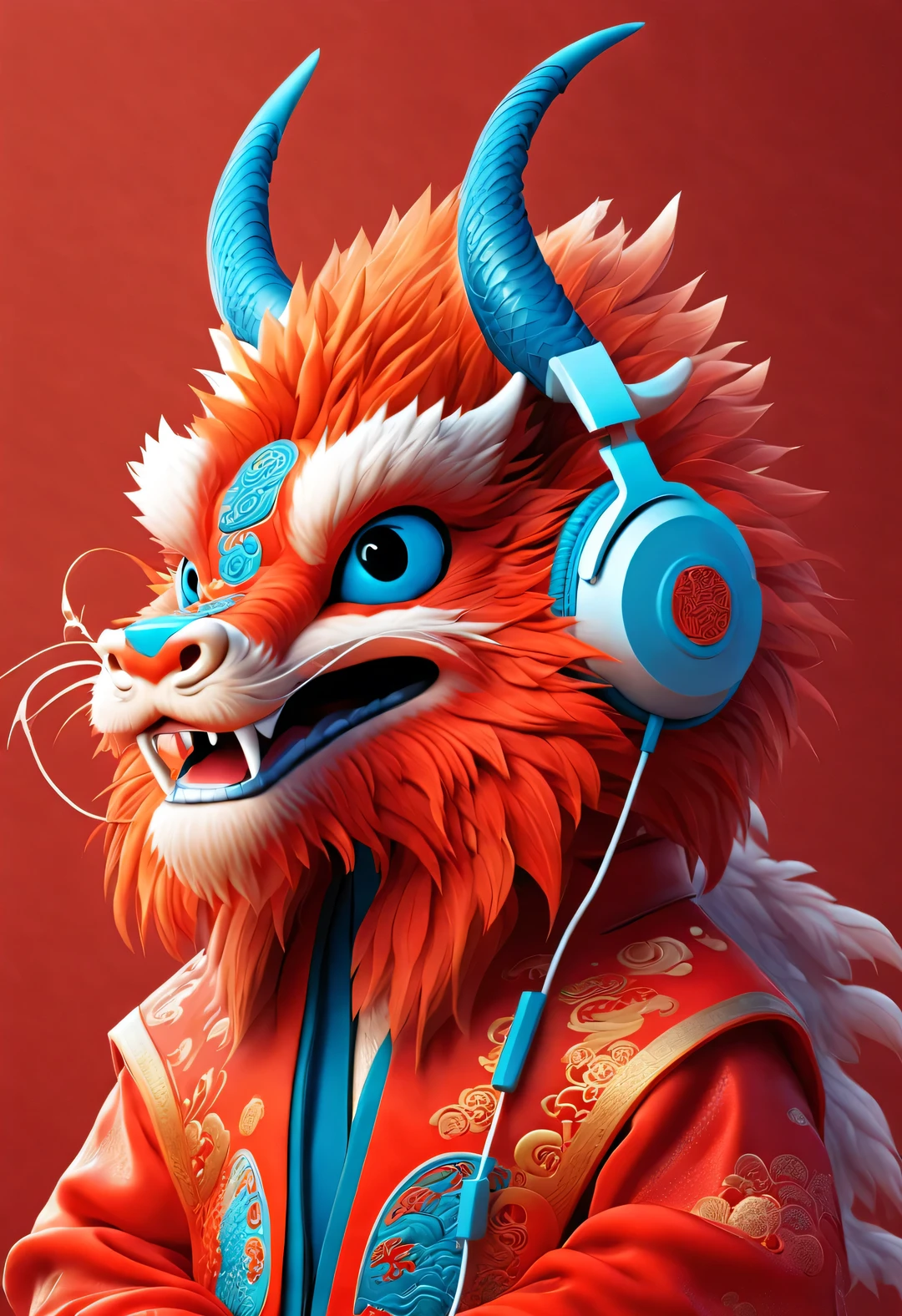 3d rendering, realistic fur, red wallpaper, Simple modern style, beautiful wallpaper, portrait,
(A cute anthropomorphic Chinese zodiac dragon wearing headphones laughing mischievously), orange fur, big blue eyes, Squint your eyes and smile mischievously, (Wearing vermilion Hanfu), (wearing headphones), front portrait, (looking at camera), Traditional clothing combined with modern equipment, Beijing, 🦑  design, 杂志design风格,