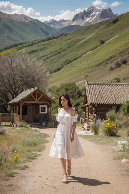 Imagine you are in a magical place, donde el cielo es de un azul intenso y el aire es fresco y puro. You are dressed in a beautiful white dress, que fluye con el viento y se adapta a tu figura. El vestido tiene un estampado de paisajes, que reflejan la belleza de la naturaleza que te rodea.

En el frente del vestido, you see a landscape of mountains, con picos nevados y valles verdes. El paisaje se extiende hasta el horizonte, donde se mezcla con el cielo. En el centro del vestido, hay un lago cristalino, that shines with the sun and reflects the mountains. The lake is heart shaped, que simboliza el amor y la paz.

En el lado izquierdo del vestido, se ve un paisaje de bosques, with trees of different types and colors. El bosque es un lugar de vida y diversidad, donde habitan animales y plantas. En el borde del bosque, there is a wooden cabin, which represents the harmony between man and nature. At the door of the cabin, hay una bicicleta, que invita a explorar el bosque.

En el lado derecho del vestido, se ve un paisaje de campos, con flores de todas las formas y tonos. The countryside is a place of joy and beauty, donde crecen los frutos de la tierra. En el centro del campo, hay un molino de viento, that generates clean and sustainable energy. En el suelo, hay una manta de picnic, que sugiere un momento de relax y disfrute.