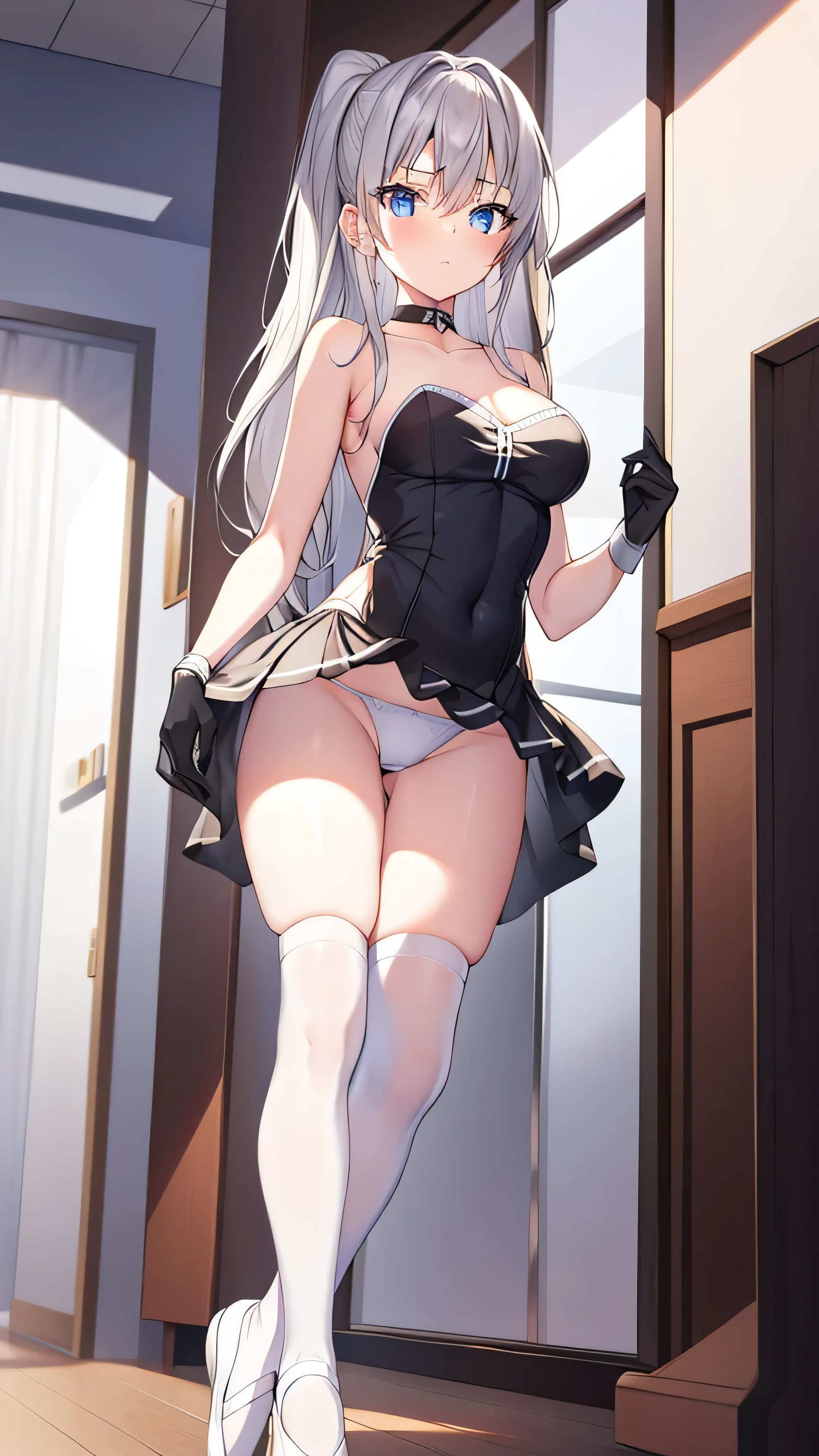 1 girl, ballet_slippers, alone, ballet, cold, ballet女演员, blue_Eye, Gloves, Strapless, tights, skirt, white_Gloves, Bangs, full_Body, only_Shoulder, hair_decoration, breast, watching_exist_audience, Strapless_skirt, reflection, collar, permanent, ribbon, underwear, underwear, grey_hair, clavicle, white_underwear, closure_Mouth, white_footwear, thigh, 