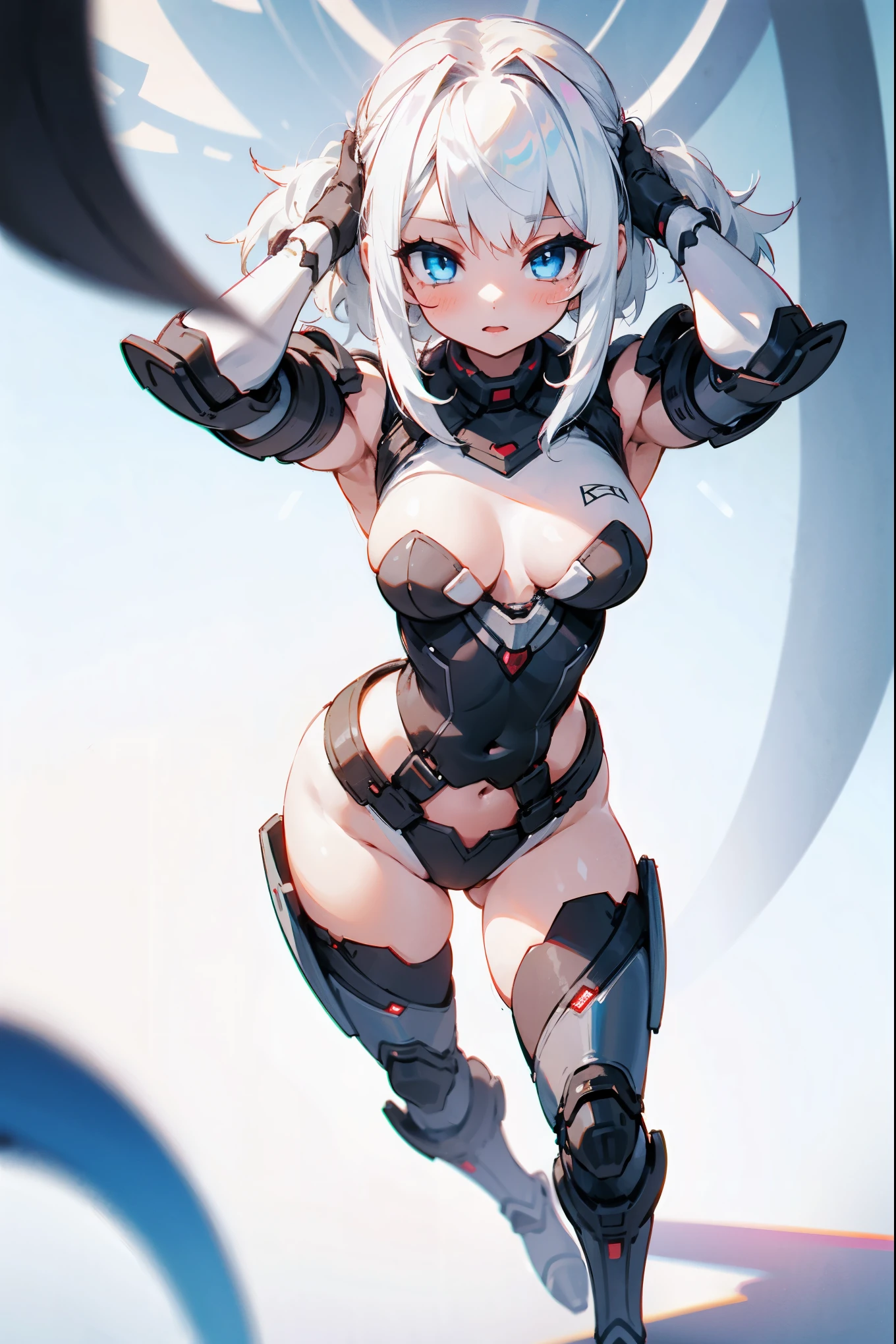 A girl,full bodyesbian,White hair,Blue eyes standing,Arms up