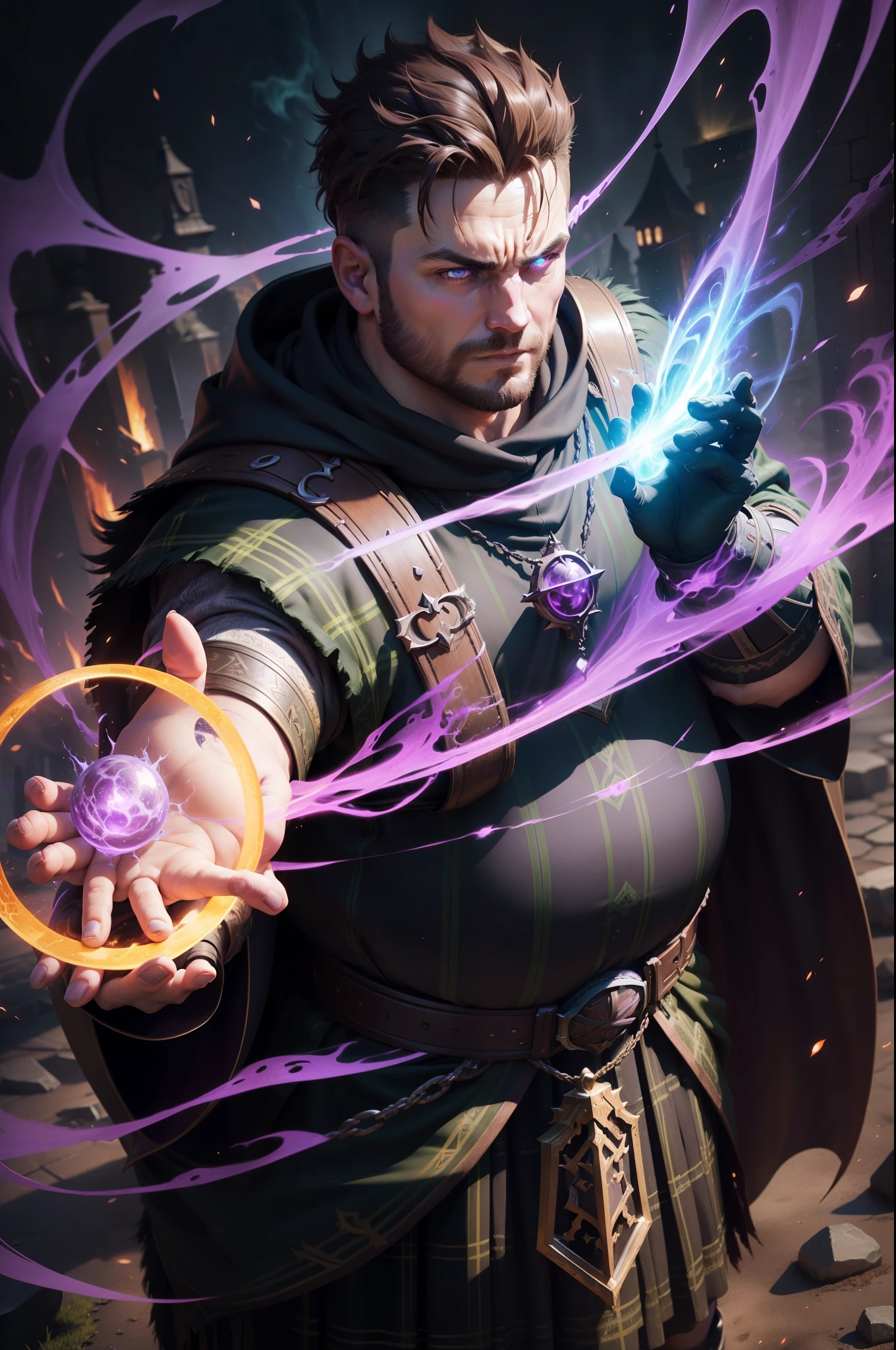 (1man, fat adult Scottish male:1.2), purple eyes, brown hair, undercut, looking down, solo, half shot, detailed background, detailed face, (V0id3nergy, empty theme:1.1) evil mage, black light armor robes, determined expression, green color scheme, dark green light, summoning circle, bright magic text, dark atmosphere, shadows, realistic lighting, floating particles, sparks, surrounded by purple ray casting spell, summoning, (thick molten candles:0.8), red arcane symbols, eyes hungry for power, bloom SCG,