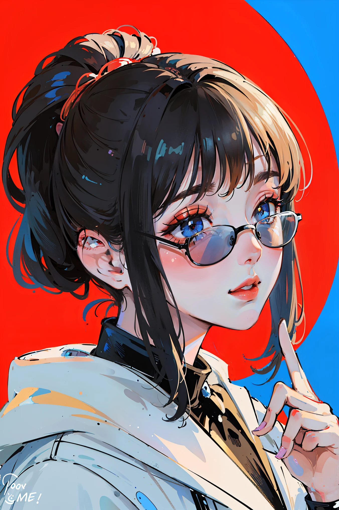 (Portraits:1.4), (masterpiece:1.2, best quality:1.2), from above, upper body, 1girl, Look up, face focus, extremely detailed face, extremely detailed eyes, good-looking, make up, finger on lips, sunglasses, fashion wear, earrings,
