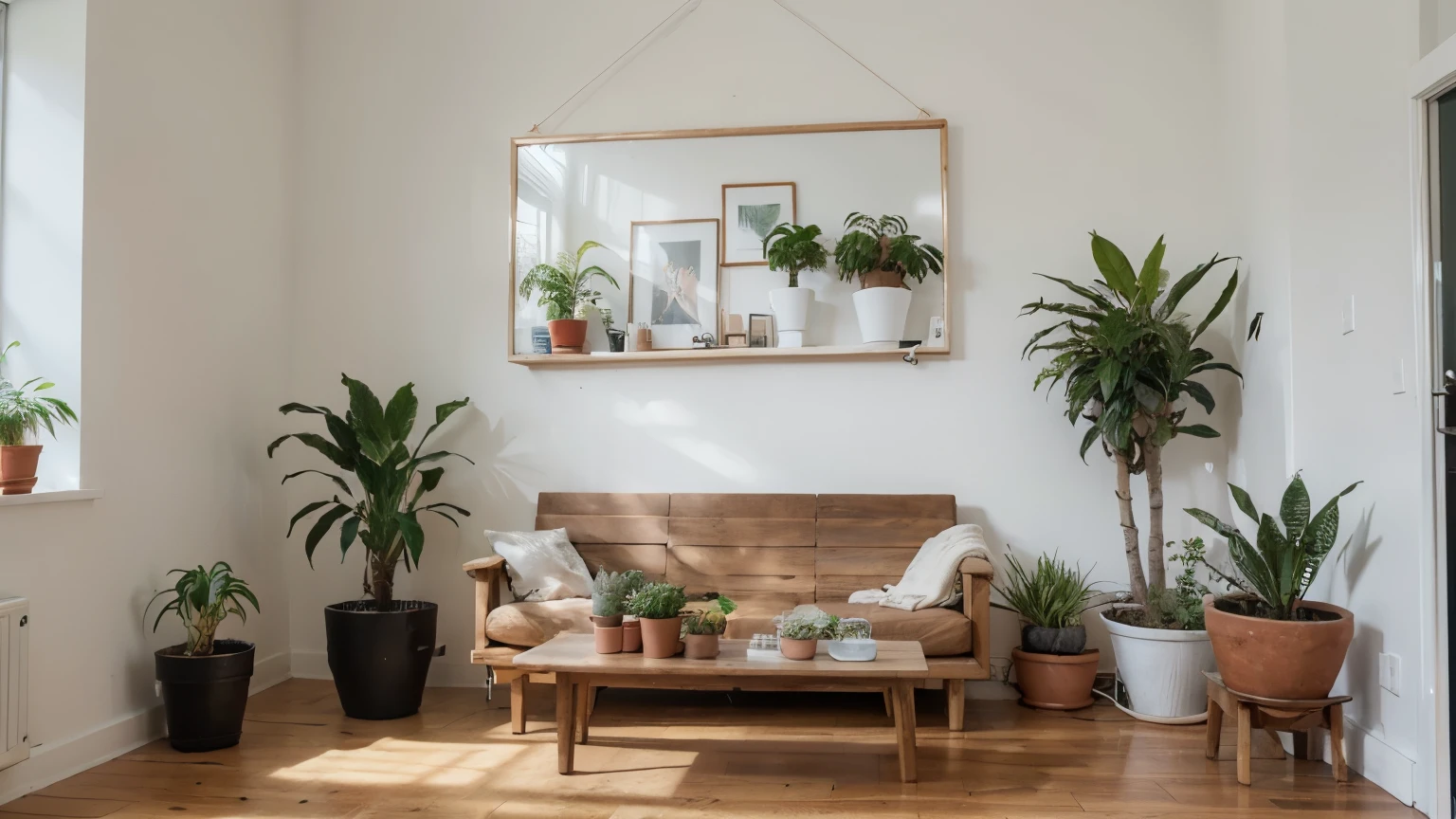 a well lit room, sun reflections in the room, sun rays, warm sun rays, window, big blank poster frame in the middle of a blank white wall, smaller blank poster frames on left and right of big frame, many plants left and right side, hung plants, potted plants, standing plants, wooden floor, front view, stools with pots of plants on it, metal watering pot