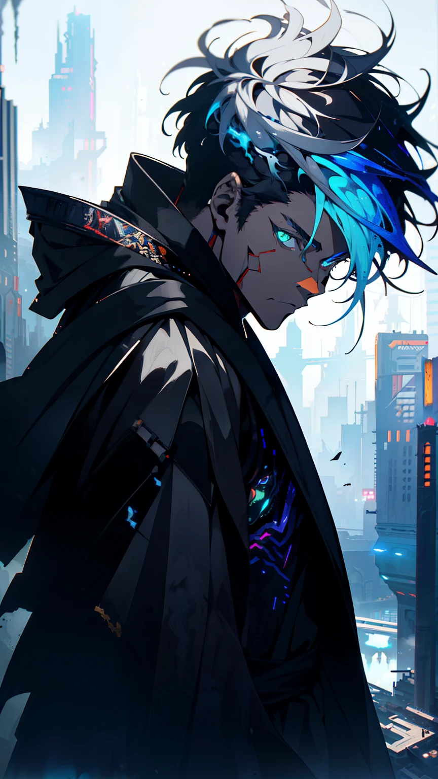 Cyberpunk Man, Fantasy world, dark background, Clean design, Epic Instagram, art station, Multi-colored paint splashes, silhouette, hyper detailed complex parts, unreal engine, hand in front of character, palm, Fantasy, complex parts, screensaver, complementary colours, fantasy concept art, Resolution 8K, masterpiece on deviantart, oil painting, heavy strokes, paint dripping, (isolated on white background: 1.3), rainbow skin, (((Handsome young man))), ((teenage:1.5) ), (glowing blue eyes), ((light eyes)), ((((short White hair: 1.1))), ((black clothing)), (prince\\(indifferent expression\\),, ( ((Wears a luxurious, highly detailed black robe))), White hair, (breast) --at 6