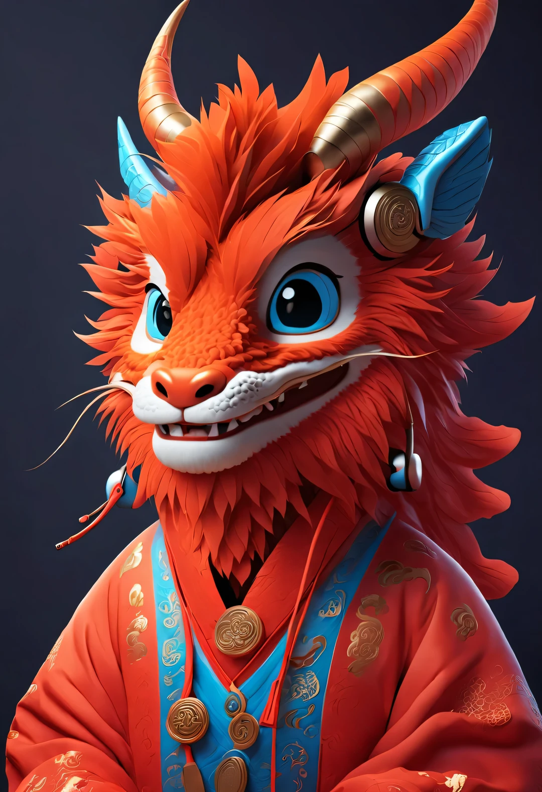 3d rendering, realistic fur, red wallpaper, Simple modern style, beautiful wallpaper, portrait,
(A cute anthropomorphic Chinese zodiac dragon wearing headphones laughing mischievously), orange fur, big blue eyes, Squint your eyes and smile mischievously, (Wearing vermilion Hanfu), (wearing headphones), front portrait, (looking at camera), Traditional clothing combined with modern equipment, Beijing, 🦑  design, 杂志design风格,