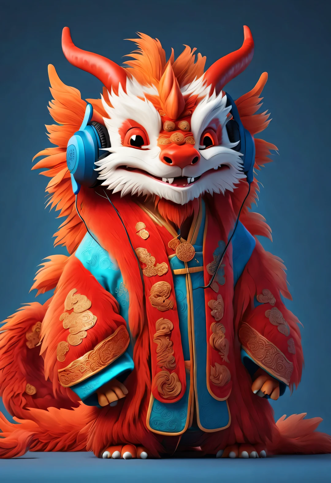 3d rendering, realistic fur, red wallpaper, Simple modern style, beautiful wallpaper, portrait,
(A cute anthropomorphic Chinese zodiac dragon wearing headphones laughing mischievously), orange fur, big blue eyes, Squint your eyes and smile mischievously, (Wearing vermilion Hanfu), (wearing headphones), front portrait, (looking at camera), Traditional clothing combined with modern equipment, Beijing, 🦑  design, 杂志design风格,