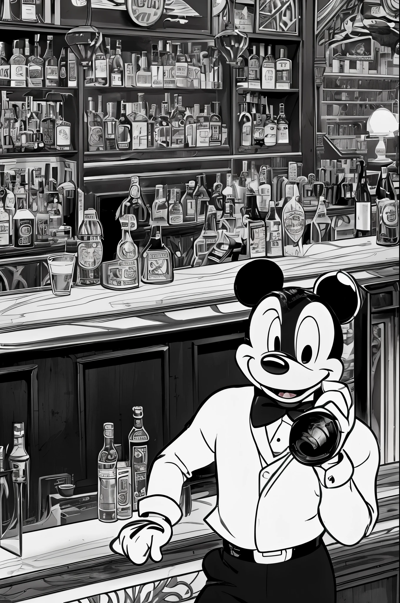 mickey mouse in steamboat willie style in a strip club holding a bottle of whisky <lora:Steamboat_Willie_Style_XL:0.8>