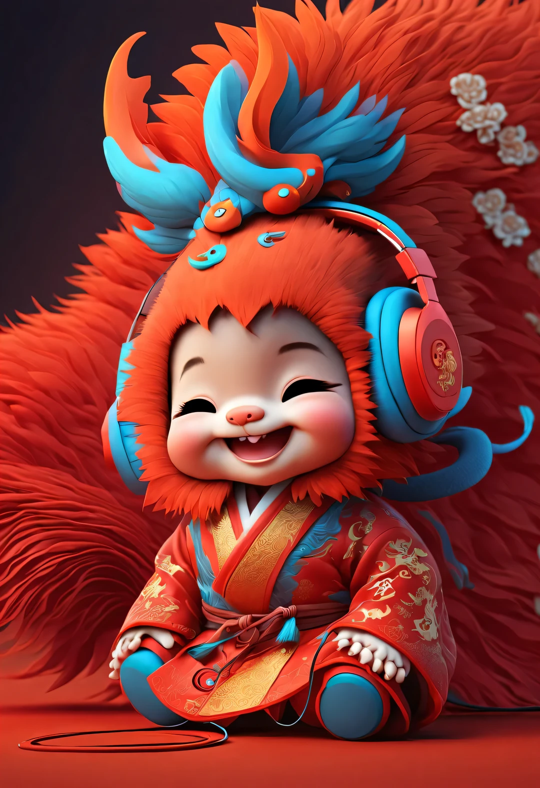 3d rendering, realistic fur, red wallpaper, Simple modern style, beautiful wallpaper, portrait, (Cute anthropomorphic zodiac dragon baby smiling mischievously wearing wireless headphones), The baby with the zodiac sign Dragon tilts his head slightly, orange fur, big blue eyes, Naughty squinting eyes, (Wearing vermilion Hanfu), (wearing headphones), front portrait, (looking at camera), The combination of traditional clothing and modern equipment, There are many colorful flying music symbols in the background,
magazine design style,