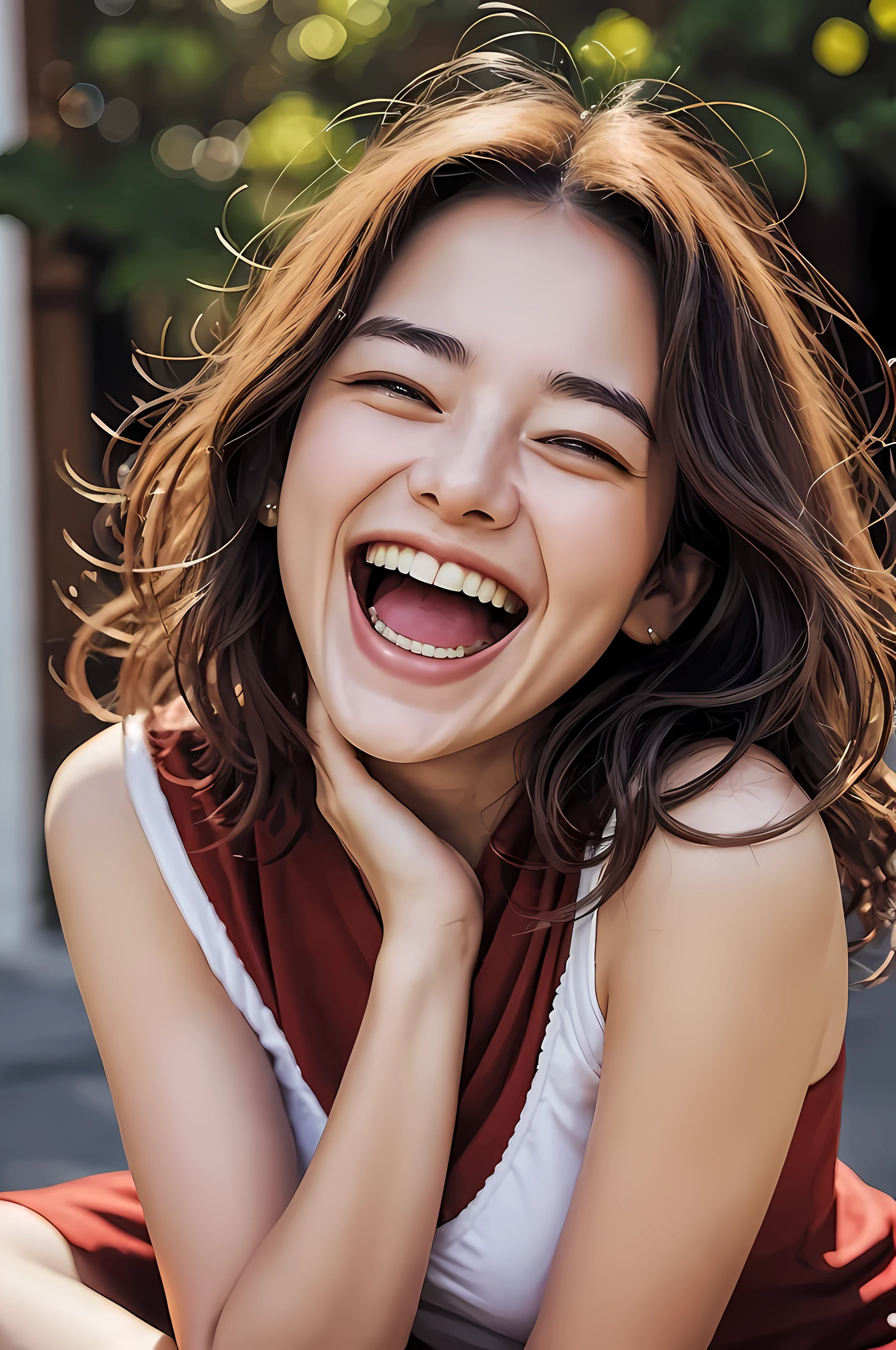 girl laughing hysterically, full shot, that'It's okay - face, Perfect body with realistic shading, fine details. Night setting.realistic shading lighting poster,