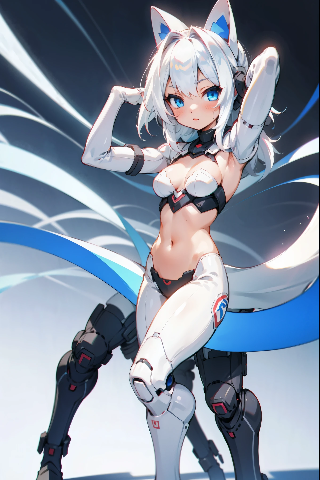 A girl,full bodyesbian，White hair,Blue eyes standing,Arms up