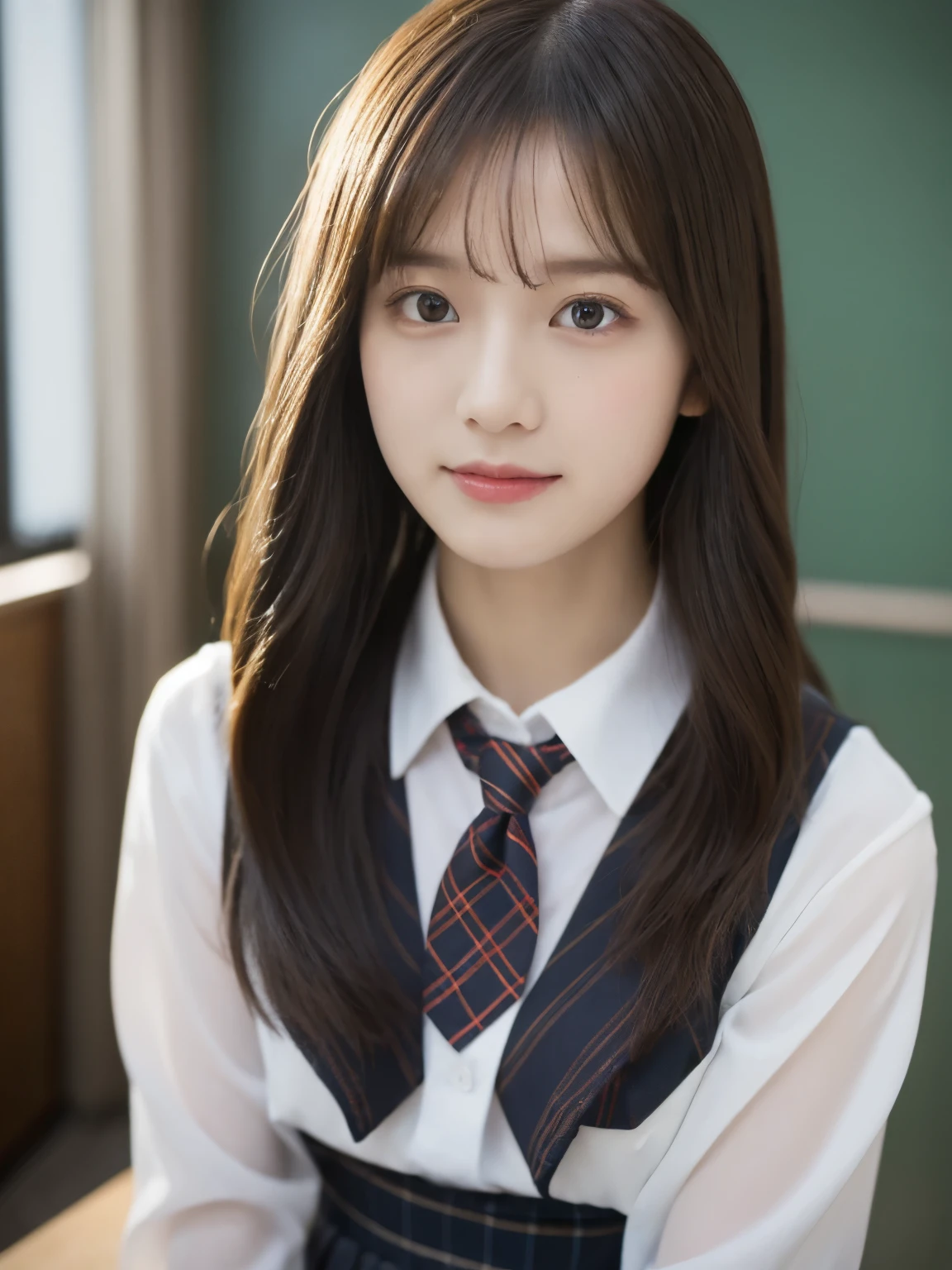 tmasterpiece,top-quality,offcial art,Highly detailed CG Unity 8K wallpapers,female high-school student,Very delicate beautiful,超A high resolution,(realisticlying:1.4),Golden Hour Lighting,(full body Esbian),in class room,(Platinum Shorthair:0.8),(Pretty eyes),looking at viewert,facing front,Twin-tailed hair, ssmile,JK Skirt(Plaid), bust,high-school uniform,neck tie, tmasterpiece, best qualtiy, RAW photogr, realisticlying, faces, incredibly absurd res, depth of fields, hight resolution, ultra - detailed, finedetail, Very detailed, extremely detailed eye and face, Sharp pupils, pupil realistic, tack sharp focus, cinmatic lighting, Idol style、Super Cute:1.2、A dark-haired、bangss、