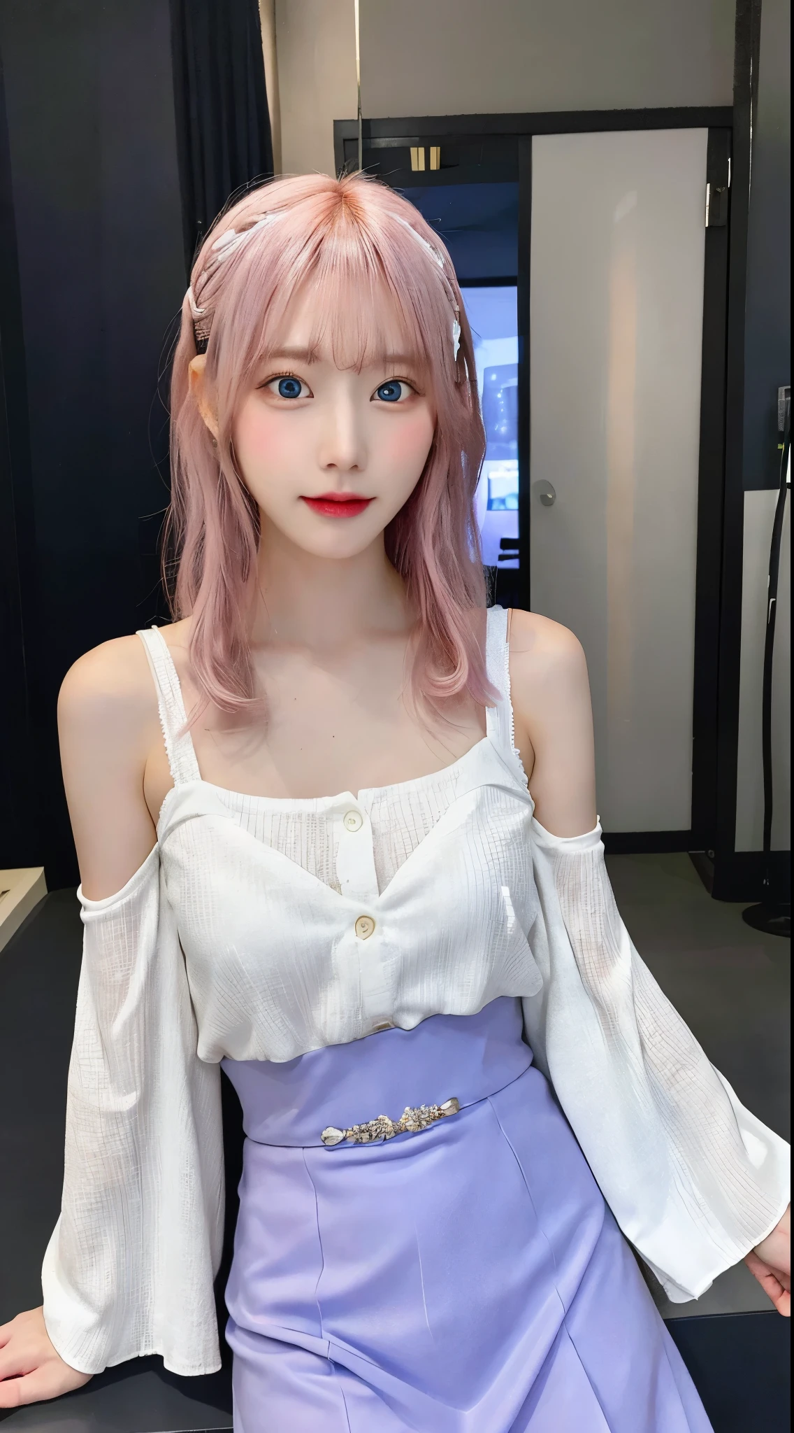 (masterpiece:1.3)、(8K、photorealism、Raw photo、best image quality:1.4)、18 year old Japanese girl、super detail face、eye for details、double eyelid、sharp focus:1.2、Beautiful woman:1.4、highest quality、Super high resolution、(Photoreal:1.4)、thin、Ribs appear prominent、in cyberpunk city、cityscape、girl、A sloppy smile、attractive pose、 Lux 1, 1girl, alone, Lux 1, 1girl, alone, pink hair, straight hair, hair ornaments, white detached sleeves, blue eyes, white dress, purple skirt, long skirt, very long hair, bare shoulders, (big ), cowboy shot,The chest of the dress is wide open:1.4、hair ornaments、((Chest looks good))、There is a gap between the left and right breasts:1.4、