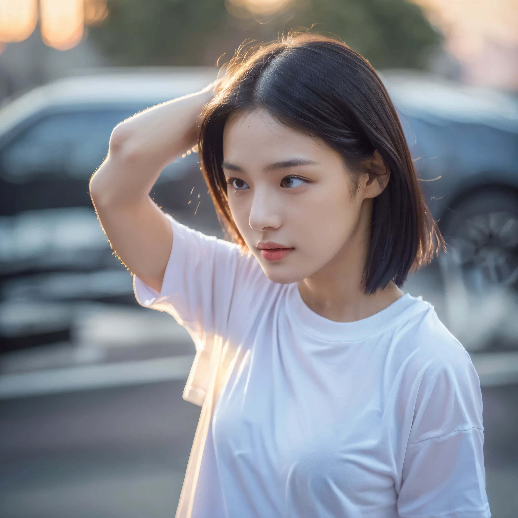 ((best quality, 8ก, Masterpiece: 1.3)), Sharp focus: 1.2, A beautiful young woman with a perfect figure in her 20s.: 1.4, Slim stomach: 1.2, (short white hair,: 1.2)), (t-shirt: 1.3), rain: 1.3, road: 1.2, wet body: 1.1, Highly detailed facial and skin textures, Detailed eyes, Double eyelids,There is a light shining on the back..,evening,wear a cap