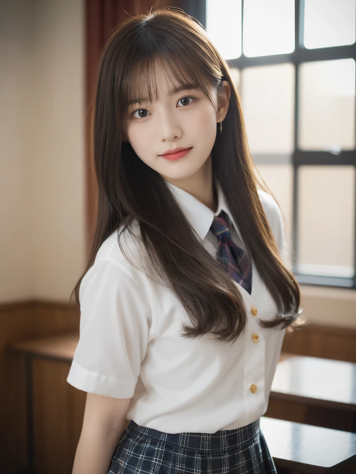 tmasterpiece，top-quality，offcial art，Highly detailed CG Unity 8K wallpapers，female high-school student，Very delicate beautiful，超A high resolution，（realisticlying：1.4），Golden Hour Lighting，（full body Esbian），in class room，（Platinum Shorthair：0.8），（Pretty eyes），looking at viewert，facing front，Twin-tailed hair, ssmile，JK Skirt（Plaid）， bust，high-school uniform，neck tie， tmasterpiece， best qualtiy， RAW photogr， realisticlying， faces， incredibly absurd res， depth of fields， hight resolution， ultra - detailed， finedetail， Very detailed， extremely detailed eye and face， Sharp pupils， pupil realistic， tack sharp focus， cinmatic lighting, Idol style、Super Cute:1.2、A dark-haired、bangss、