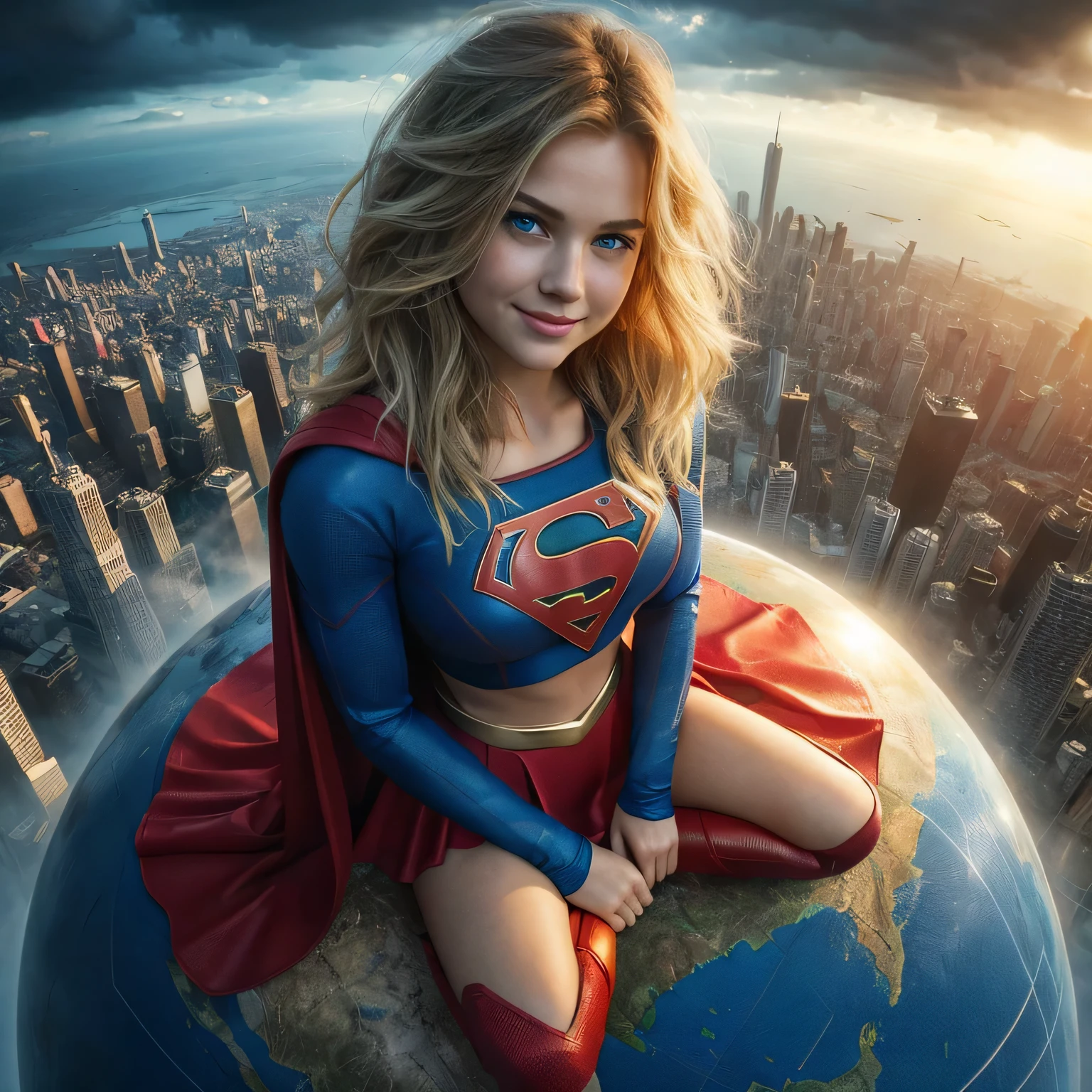 hyper realistic image supergirl full sitting on the giant brown globe that wrote 3d engraved "DAILY PLANET" on its diameter, place on the top of the high building, 20-year girl, blonde shaggy hair, cute freckles face, smile, detail skin pore moist, big blue eyes, crop top blue costume with S logo, red skirt, red cape, red boots, background dramatic sky, cloud & metropolis cityscape, sharp focus photography, taken with Fujifilm XF 56mm f/1.2 R Lens. HDR10 8K cinematography