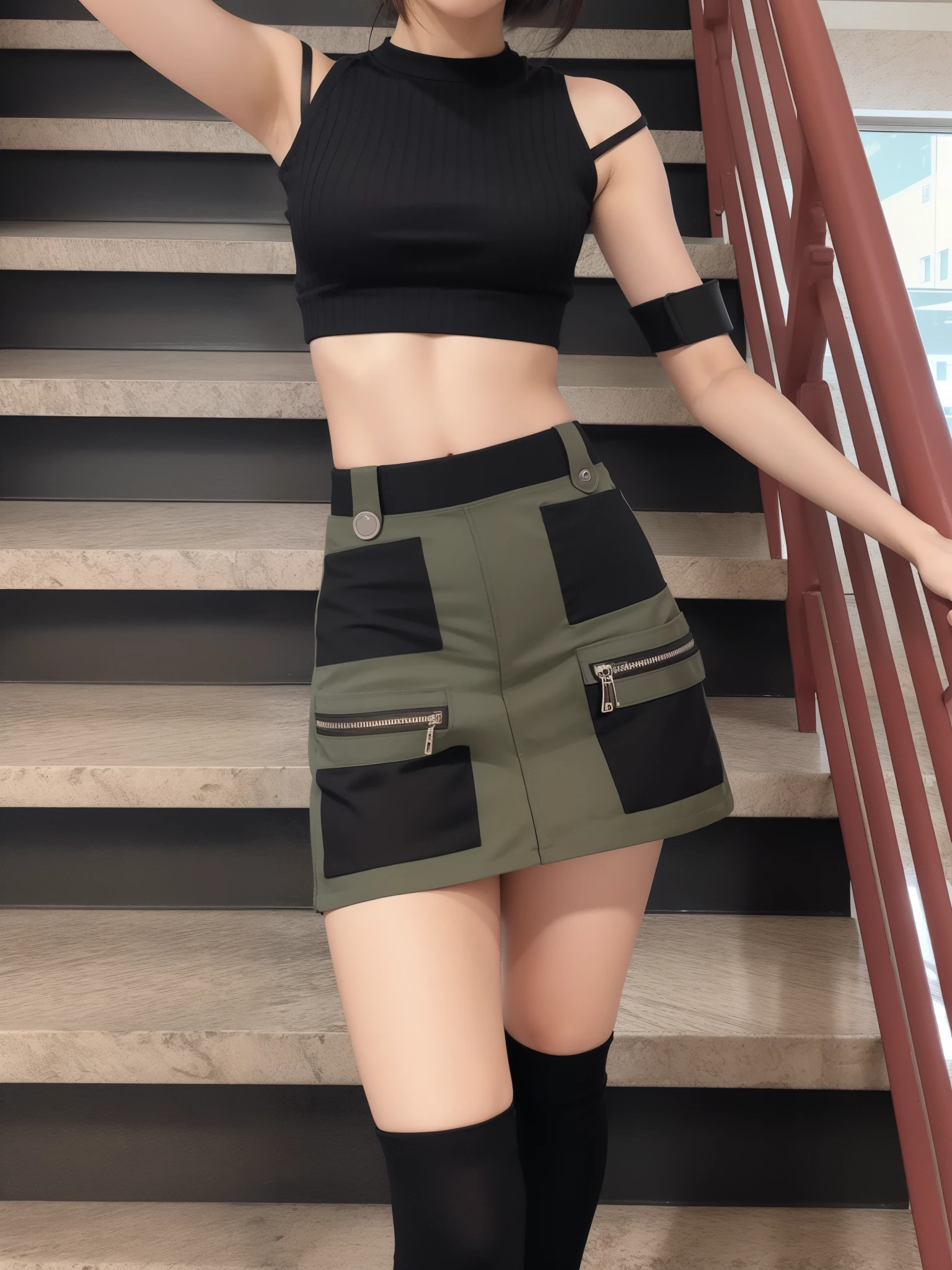 There's a woman standing on some stairs, mini-saia, mini saia, short saia, minisaia, saia, beautiful short saia, short minisaia, com dois bolsos frontais, wearing saia, 2 mulheres techwear, streetwear casual bonito, high-waist-black-saia, black saia, cintura pequena, cintura fina, roupa estilo cyberpunk