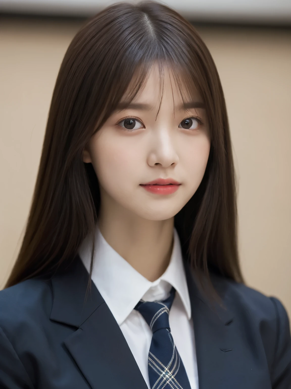 tmasterpiece,top-quality,offcial art,Highly detailed CG Unity 8K wallpapers,female high-school student,Very delicate beautiful,超A high resolution,(realisticlying:1.4),Golden Hour Lighting,(full body Esbian),in class room,(Platinum Shorthair:0.8),(Pretty eyes),looking at viewert,facing front,Twin-tailed hair, ssmile,JK Skirt(Plaid), bust,high-school uniform,neck tie, tmasterpiece, best qualtiy, RAW photogr, realisticlying, faces, incredibly absurd res, depth of fields, hight resolution, ultra - detailed, finedetail, Very detailed, extremely detailed eye and face, Sharp pupils, pupil realistic, tack sharp focus, cinmatic lighting, Idol style、Super Cute:1.2、A dark-haired、bangss、