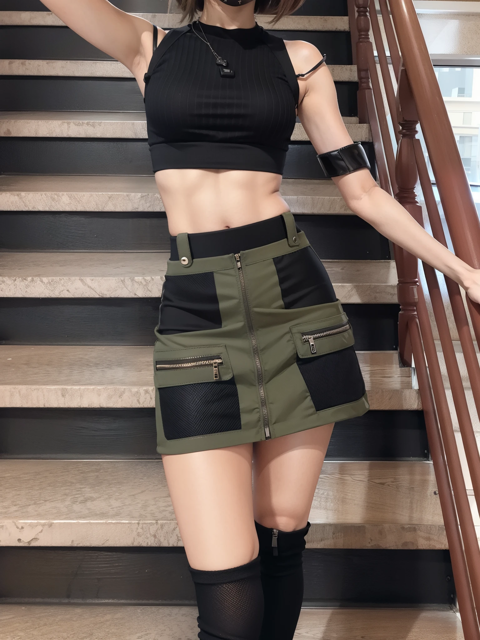 There's a woman standing on some stairs, mini-saia, mini saia, short saia, minisaia, saia, beautiful short saia, short minisaia, com dois bolsos frontais, wearing saia, 2 mulheres techwear, streetwear casual bonito, high-waist-black-saia, black saia, cintura pequena, cintura fina, roupa estilo cyberpunk