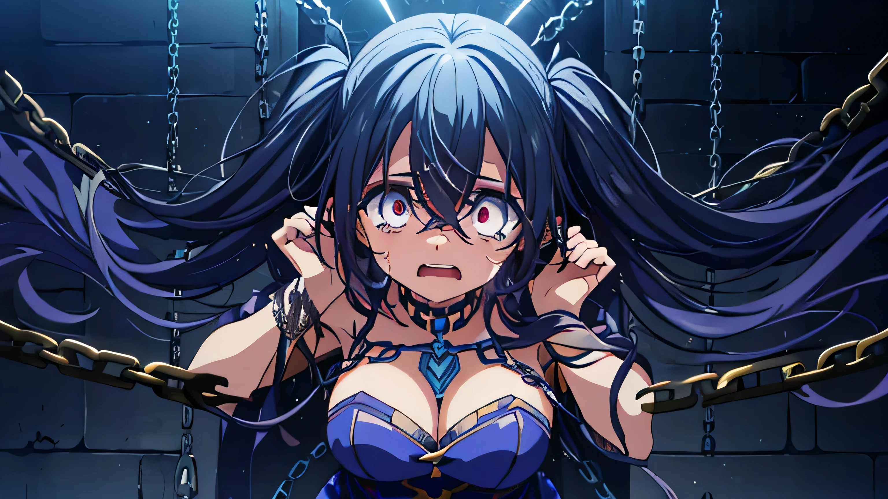 Una mujer esclavizada en un calabozo con cadenas en manos y pies., Crying expression, cadenas pesadas en sus manos y pies, Crying expression, scared expression, estilo animado, in estilo animado