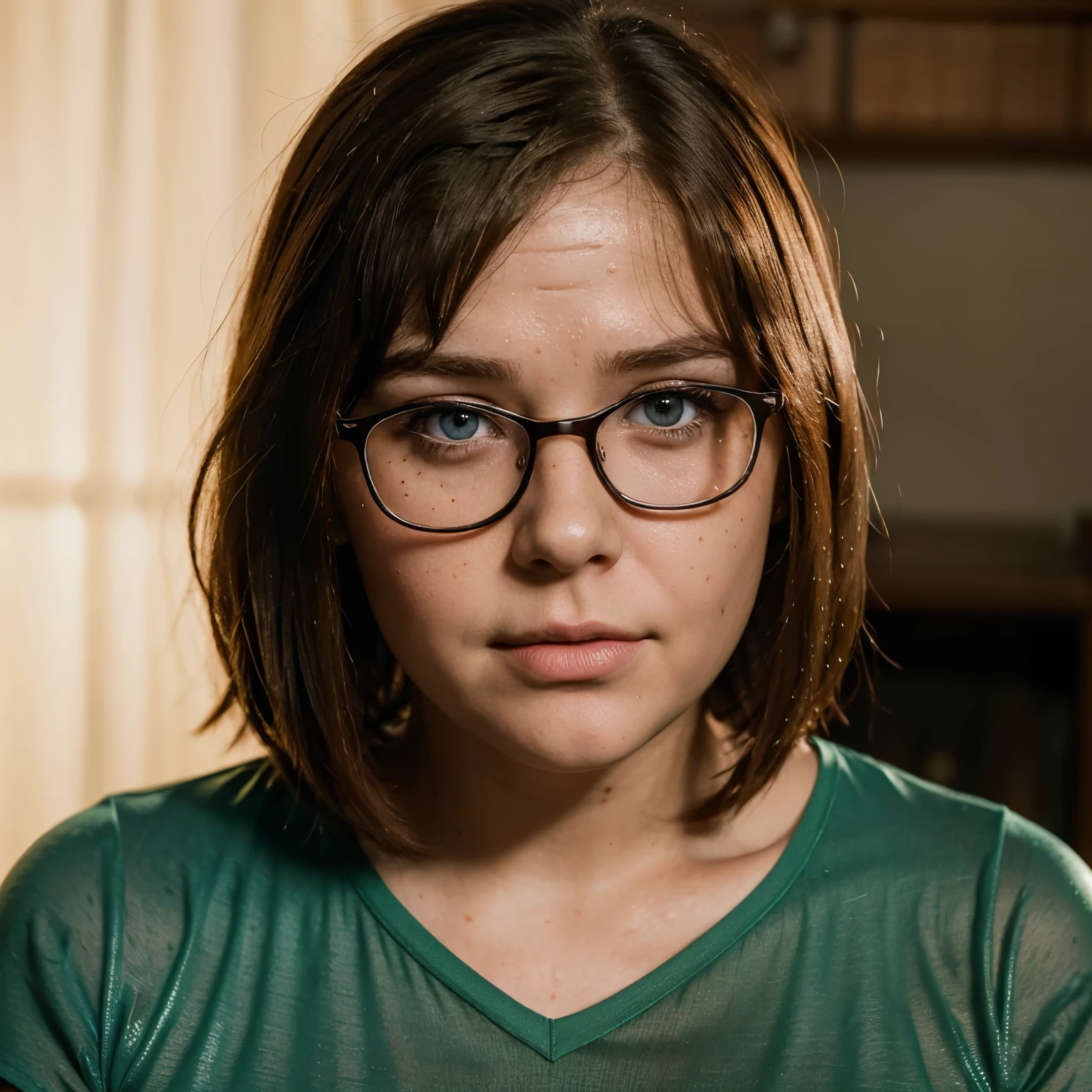 Photo realistic picture of Velma Dinkley face from Scooby Doo wearing glasses short bobbed perfectly straight hair obscuring most of her forehead extremely obese face covered in freckles soft moist oily sweaty skin texture pores are very deep and visible