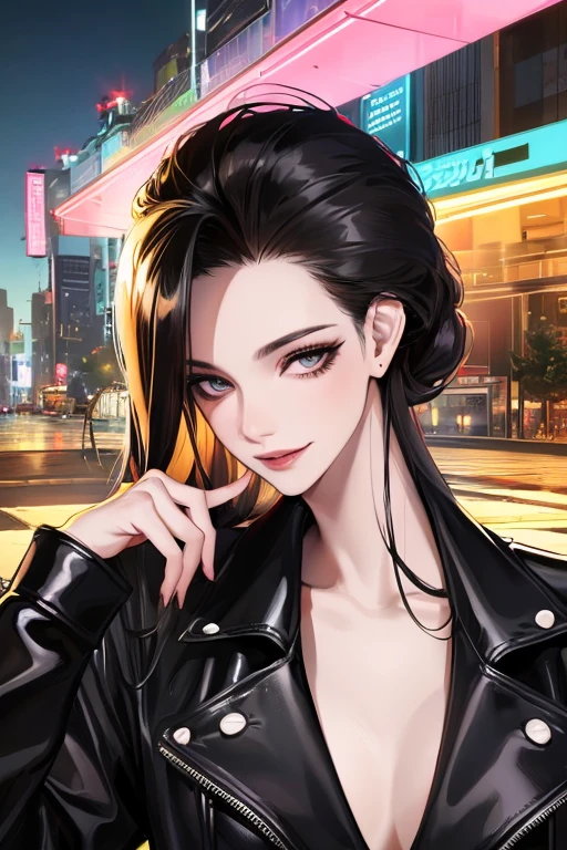 1girl,
(best quality, 4k, 8k, highres, masterpiece:1.2), ultra-detailed, (portrait, mid-twenty,solo_female, straight_hair,(masterpiece,best quality), black hair, black leather jacket,smirk,hair pulled back,hair_pulled_back,milf,mature_woman,hair_pulled_back,city background,neon city background , cityscape,