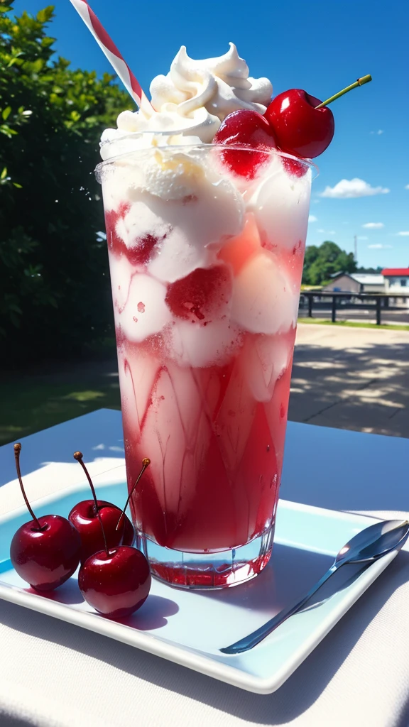 One cherry, cream, soft drink, red, ice, on a glass plate, thin spoon, outdoors, clear blue sky, 