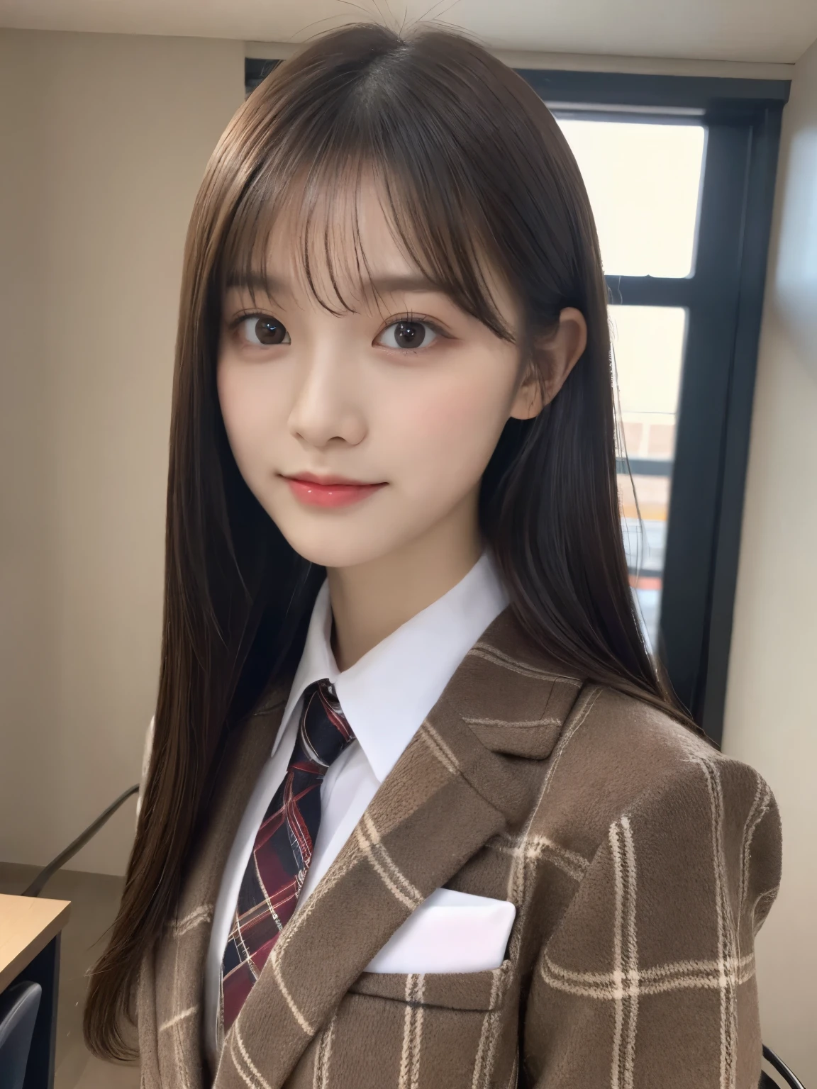 tmasterpiece,top-quality,offcial art,Highly detailed CG Unity 8K wallpapers,female high-school student,Very delicate beautiful,超A high resolution,(realisticlying:1.4),Golden Hour Lighting,(full body Esbian),in class room,(Platinum Shorthair:0.8),(Pretty eyes),looking at viewert,facing front,Twin-tailed hair, ssmile,JK Skirt(Plaid), bust,high-school uniform,neck tie, tmasterpiece, best qualtiy, RAW photogr, realisticlying, faces, incredibly absurd res, depth of fields, hight resolution, ultra - detailed, finedetail, Very detailed, extremely detailed eye and face, Sharp pupils, pupil realistic, tack sharp focus, cinmatic lighting, Idol style、Super Cute:1.2、A dark-haired、bangss、